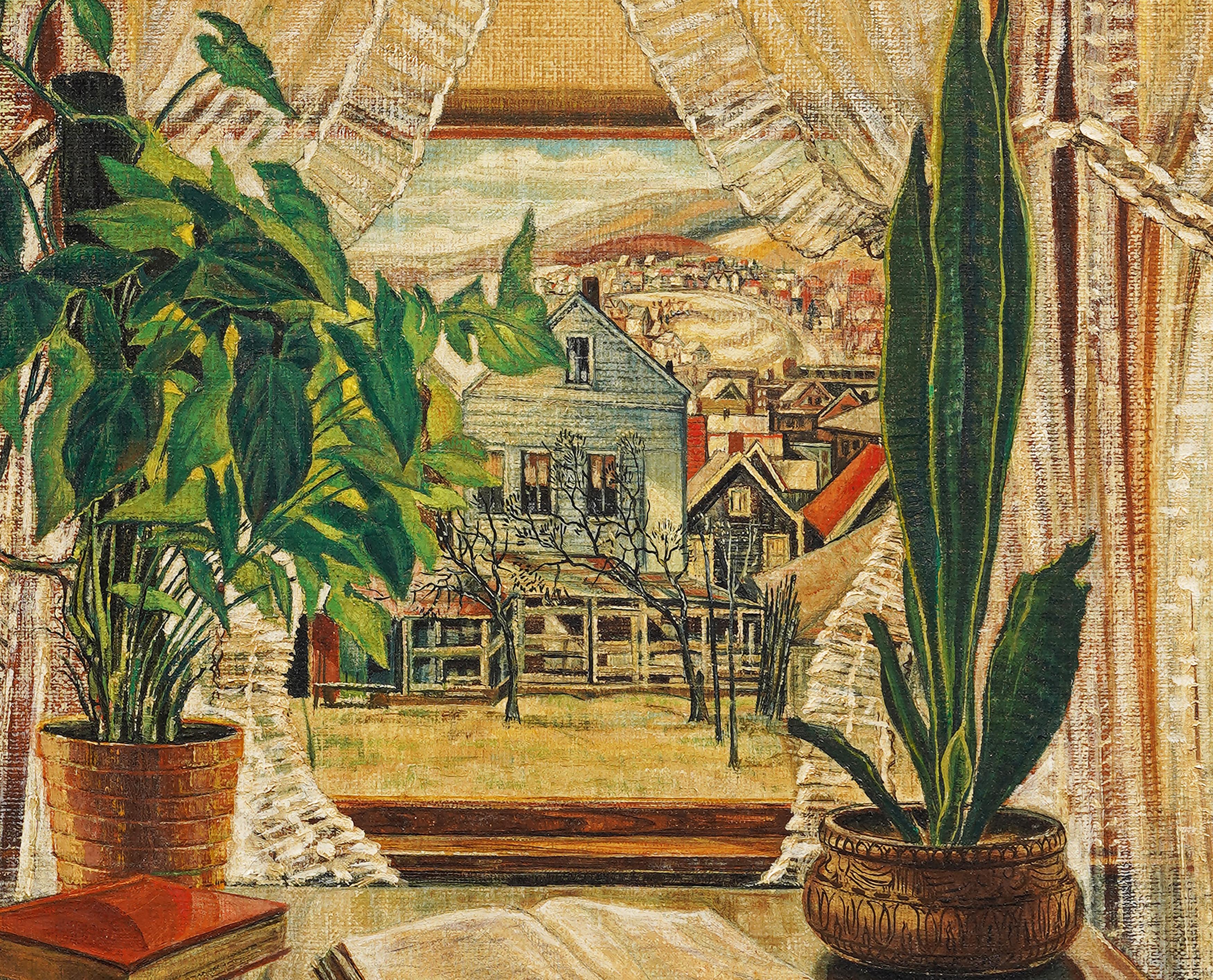 Antigua Pintura al Óleo Modernista Americana Trompe L'Oeil Vista de Ventana Súper Detallada en venta 1