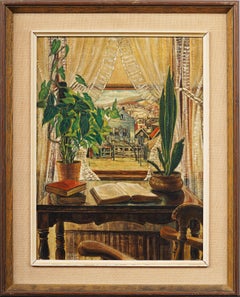 Antique American Modernist Trompe L'Oeil Window View Super Detailed Oil Painting