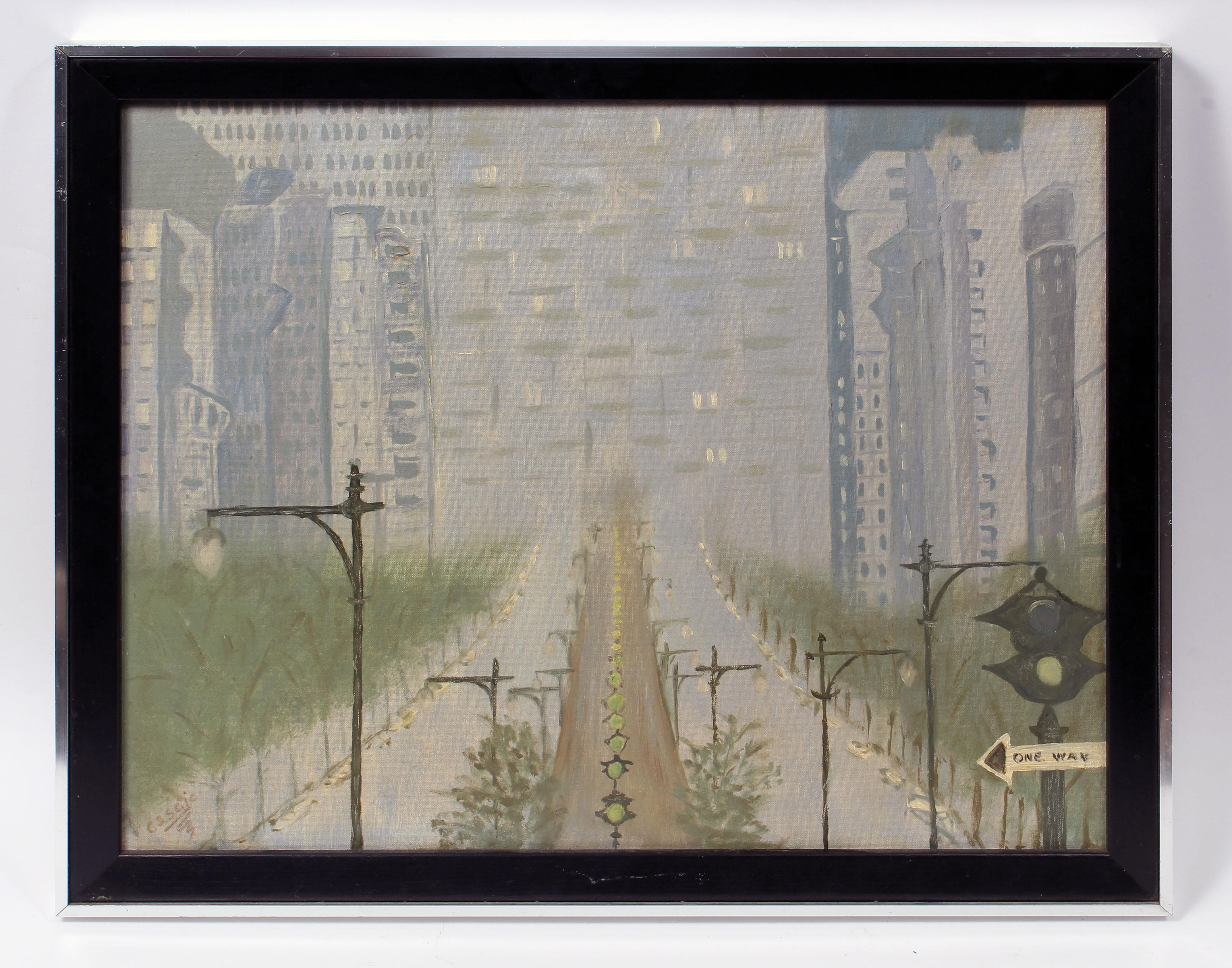Antique American Modernist View of New York Cityscape Park Avenue Oil Painting (Grau), Abstract Painting, von Unknown