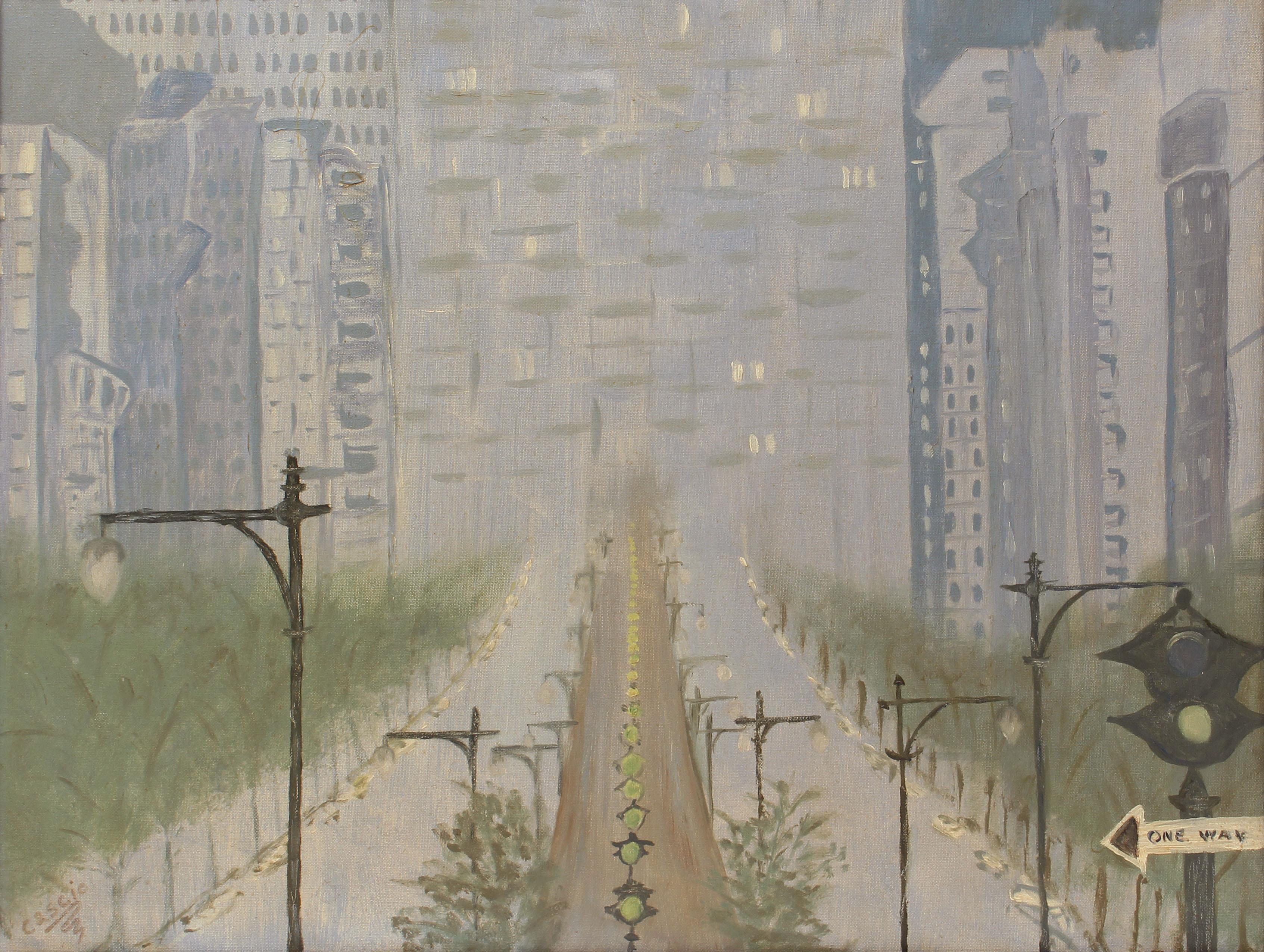 Modernist cityscape painting of Park avenue in New York City.  Oil on board, circa 1950.  Signed lower right illegibly.  Displayed in a modernist frame.  Image size, 24