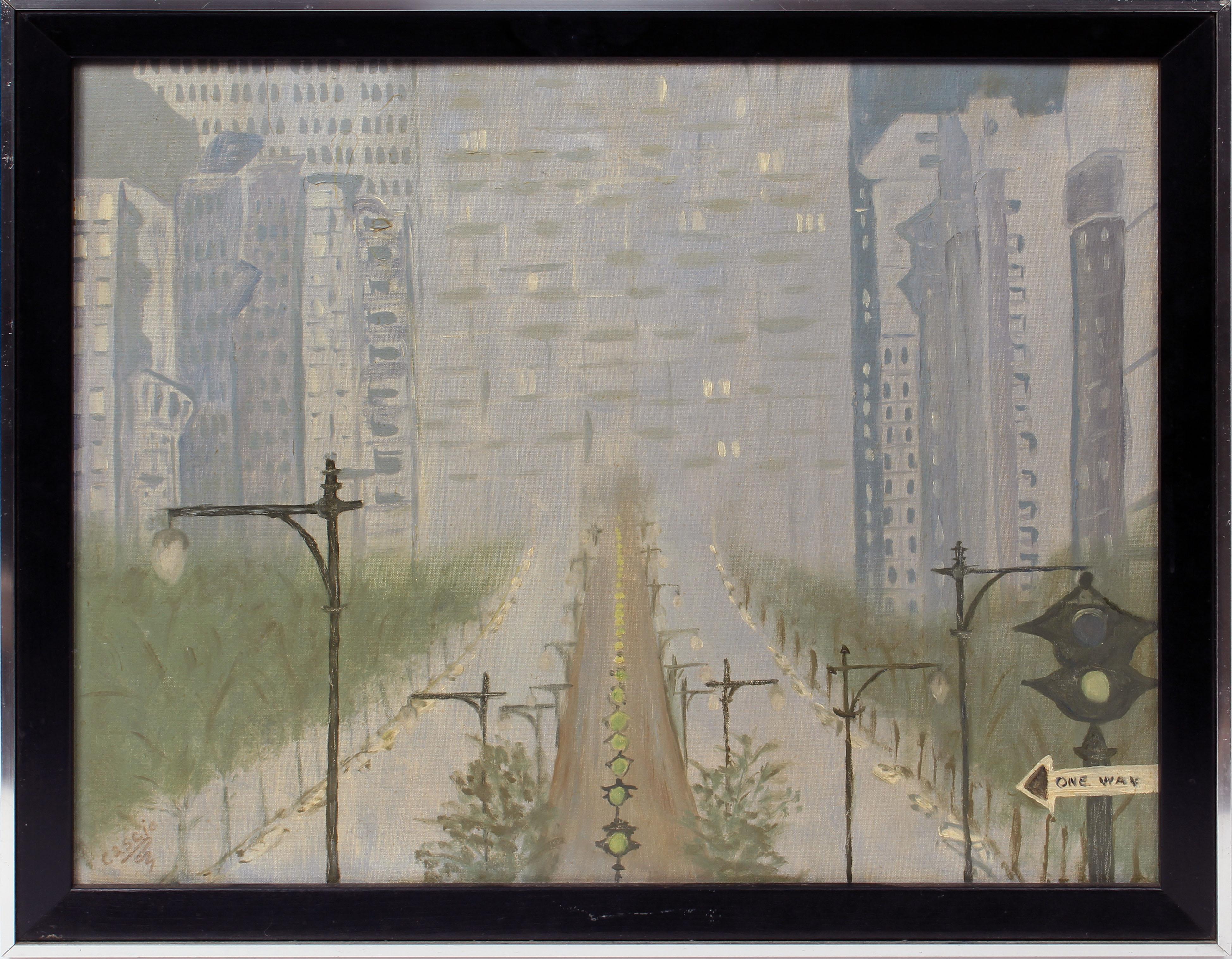 Unknown Abstract Painting – Antique American Modernist View of New York Cityscape Park Avenue Oil Painting