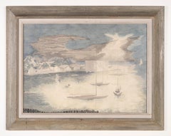 Antique American Modernist Winter Night Moonlit Seascape Harbor Signed Painting