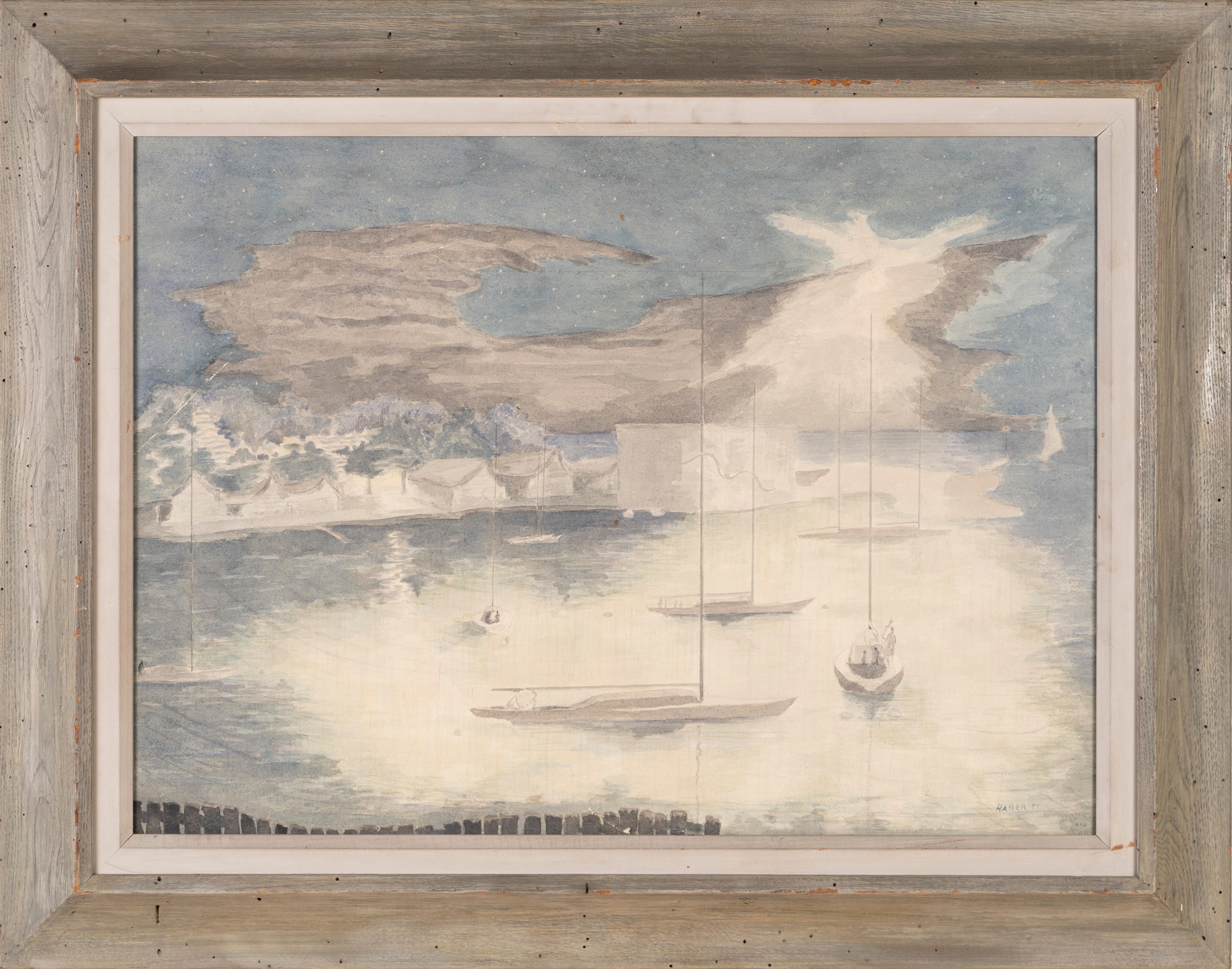 Antikes, signiertes Gemälde der amerikanischen Moderne, Winternacht, Mondlicht, Meereslandschaft, Hafen