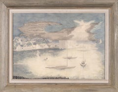Antique American Modernist Winter Night Moonlit Seascape Harbor Signed Painting