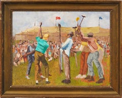 Antique American Modernist WPA Social Realist Carnival Scene Framed Oil Painting