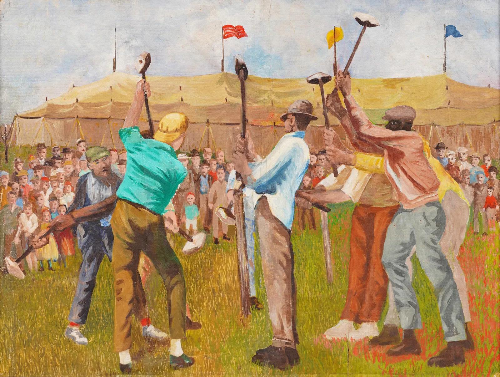 Ancienne peinture à l'huile américaine moderniste WPA Social Realist, représentant une scène de carnaval encadrée - Moderne Painting par Unknown