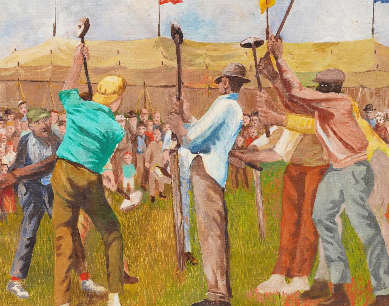 Ancienne peinture à l'huile américaine moderniste WPA Social Realist, représentant une scène de carnaval encadrée - Marron Figurative Painting par Unknown
