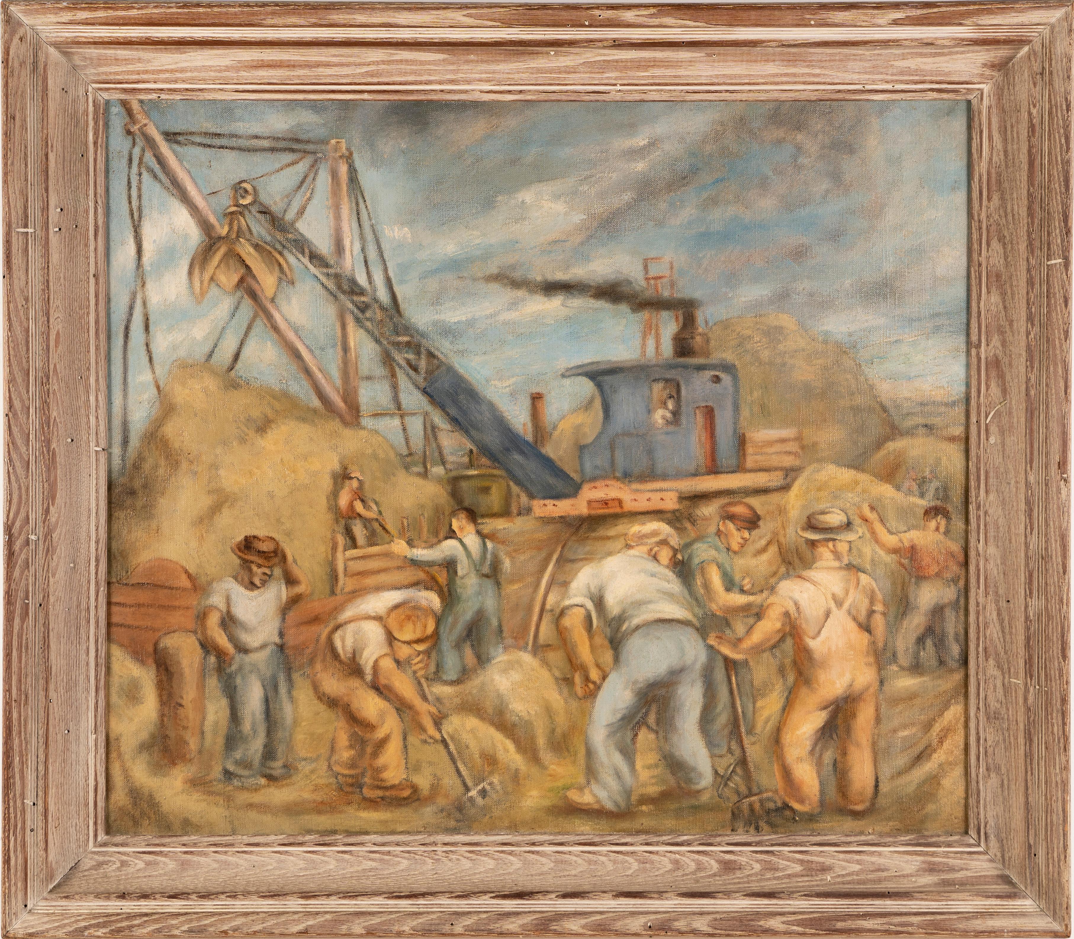 Antique American Modernist WPA Workers Industrial Landscape Framed Oil Painting - Brown Landscape Painting by Unknown