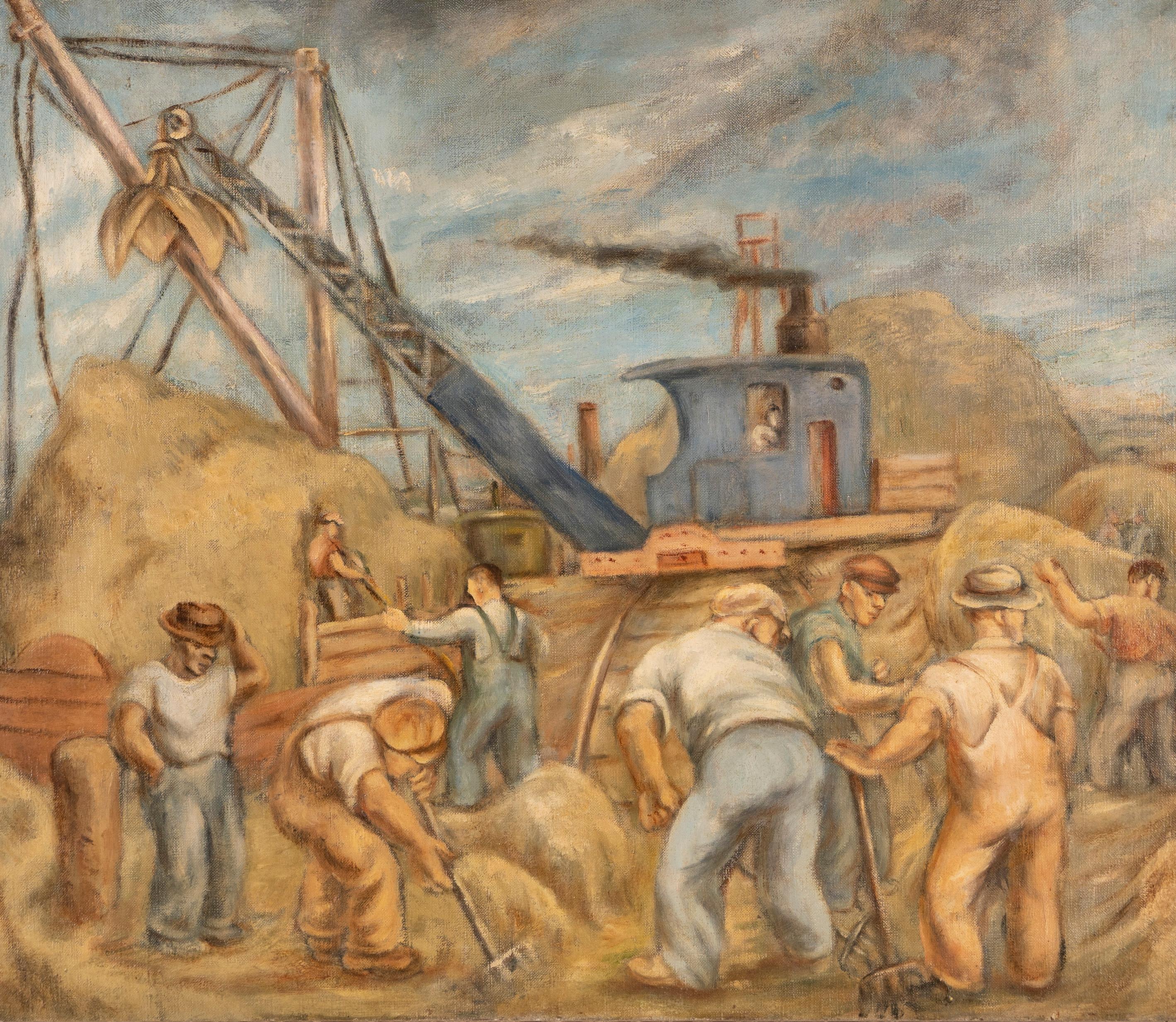 Antique American modernist WPA oil painting of men working in an industrial setting.  Oil on board, circa 1940.  Unsigned.  Image size, 26L x 22H.  Housed in a modern frame.