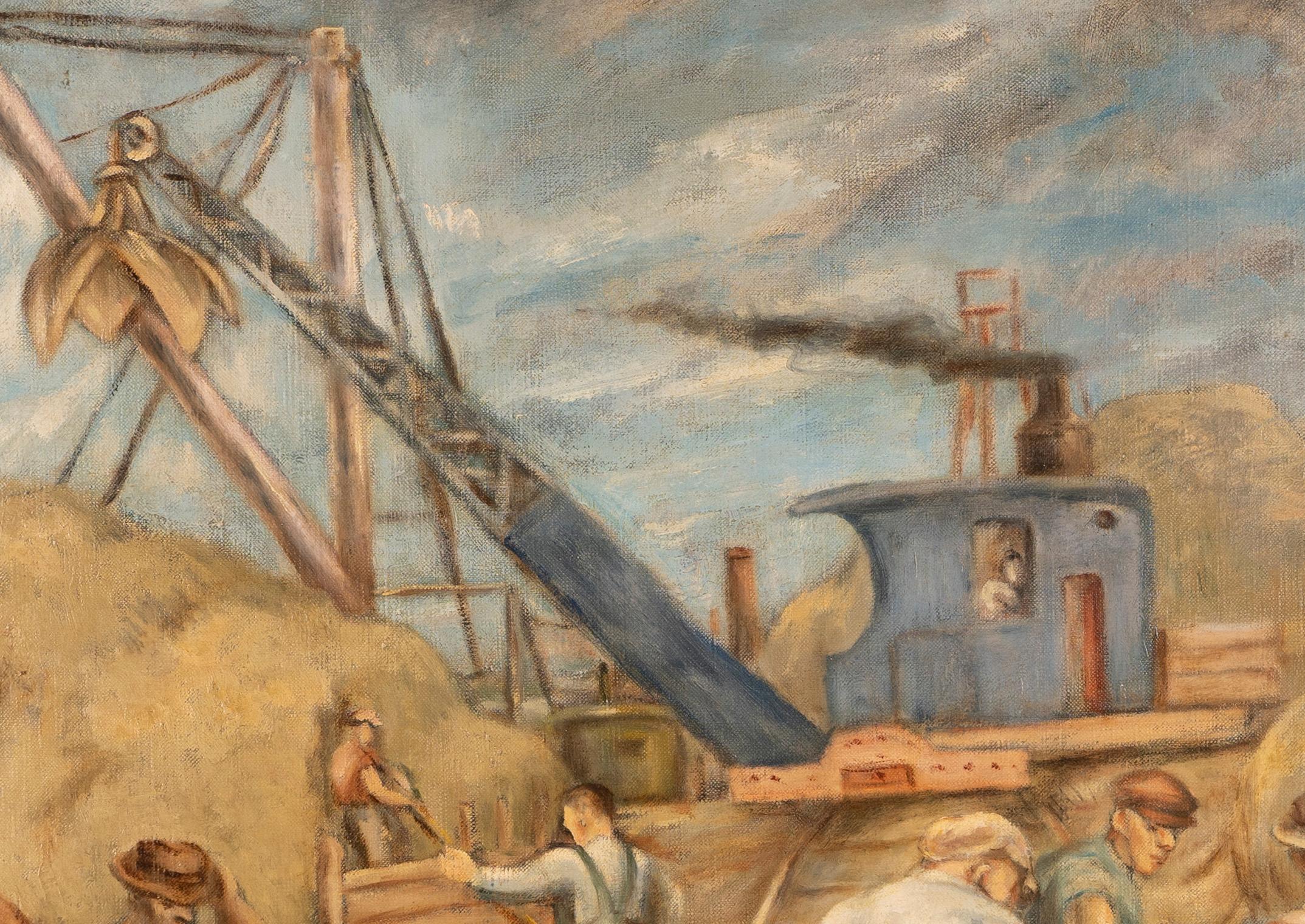 Antique American Modernist WPA Workers Industrial Landscape Framed Oil Painting 3