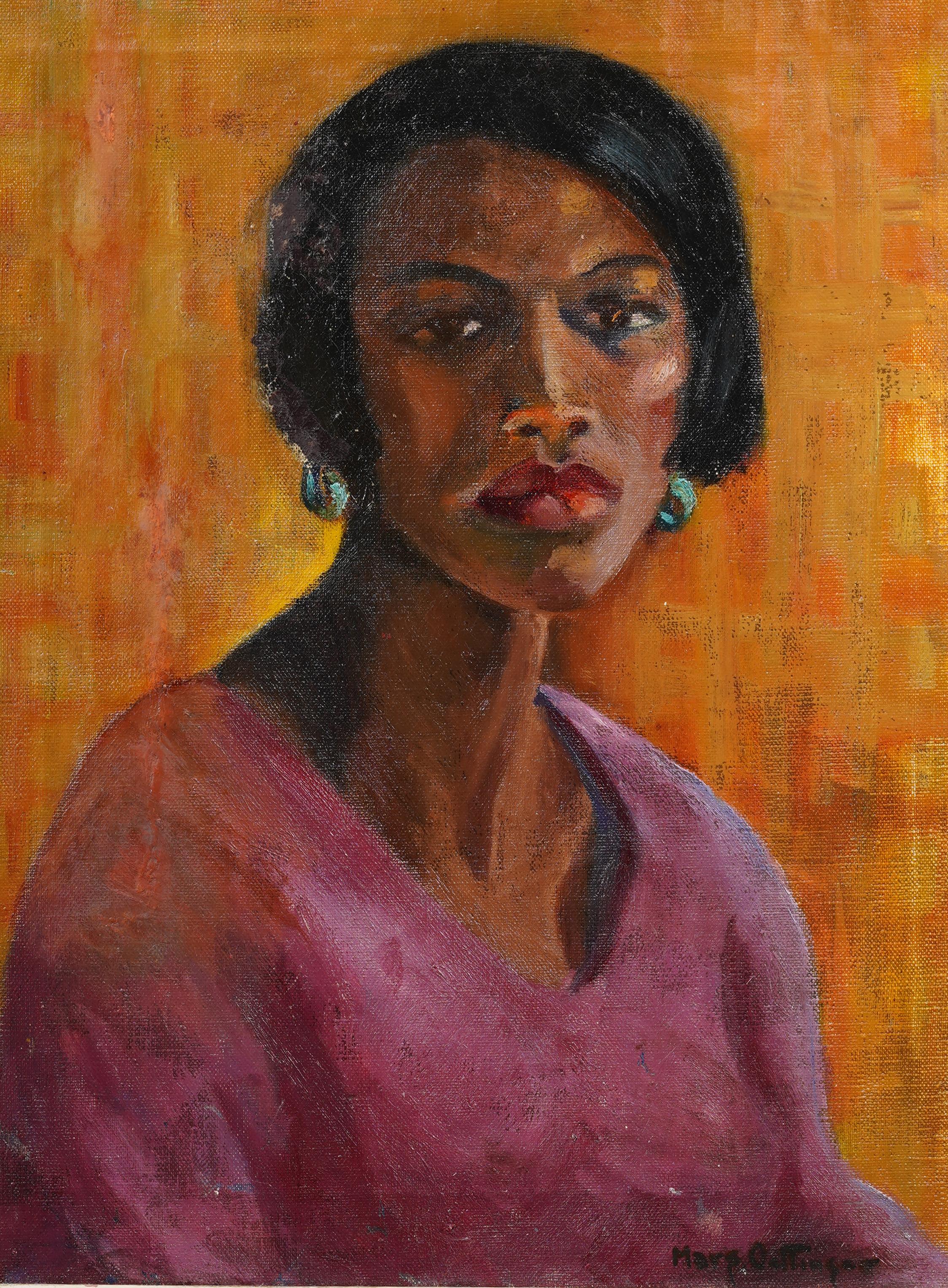 Antiguo cuadro al óleo modernista americano Retrato de mujer joven y bella enmarcado - Interior Painting Marrón de Unknown