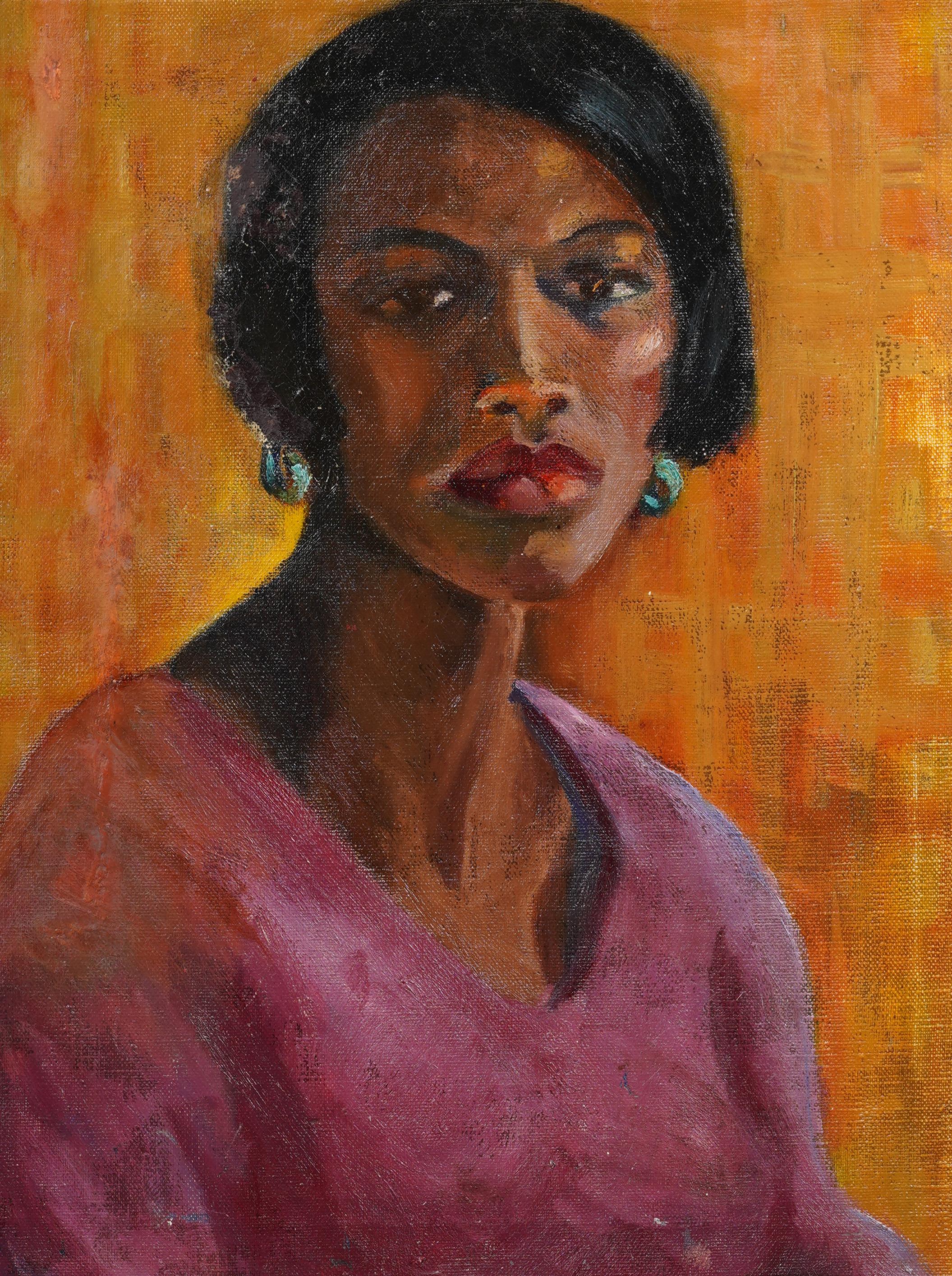 Maravilloso retrato modernista estadounidense.  Enmarcado.  Óleo sobre lienzo.  Tamaño de la imagen, 20H por 16L.