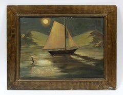 Antique American Moonlit Modernist Arctic Alaskan Sailboat Seascape Oil Painting