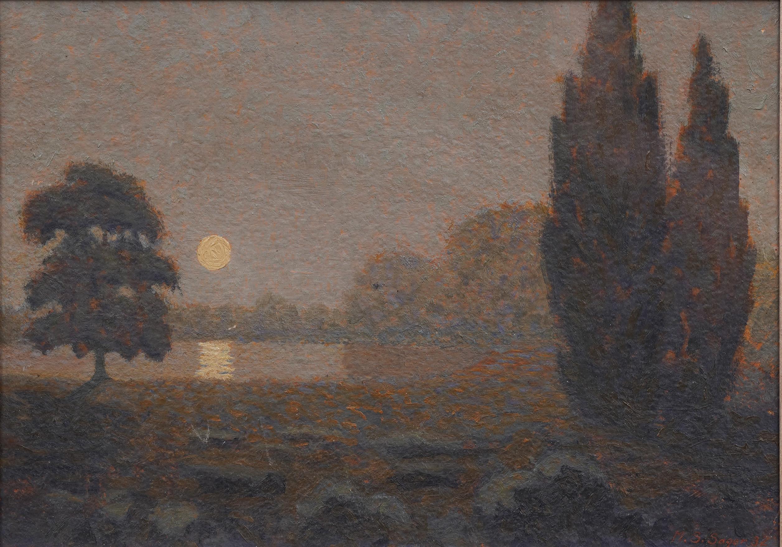 Ancienne peinture de paysage américaine encadrée Nocturnal Lake View, signée - Impressionnisme Painting par Unknown