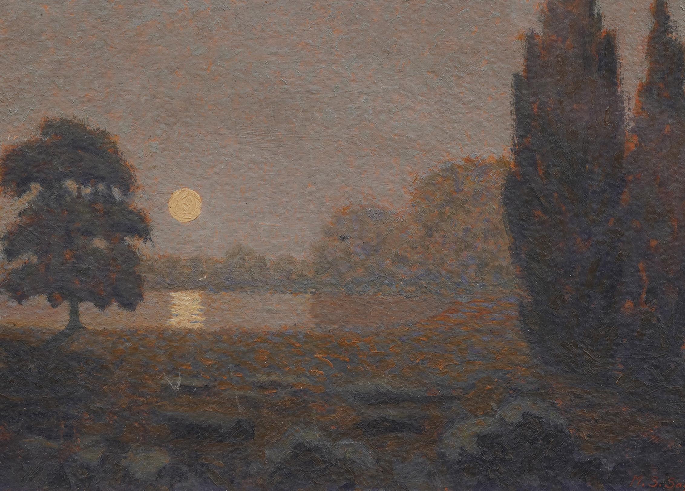 Antique American Moonlit Nocturnal Lake View Signed Framed Landscape Painting 3