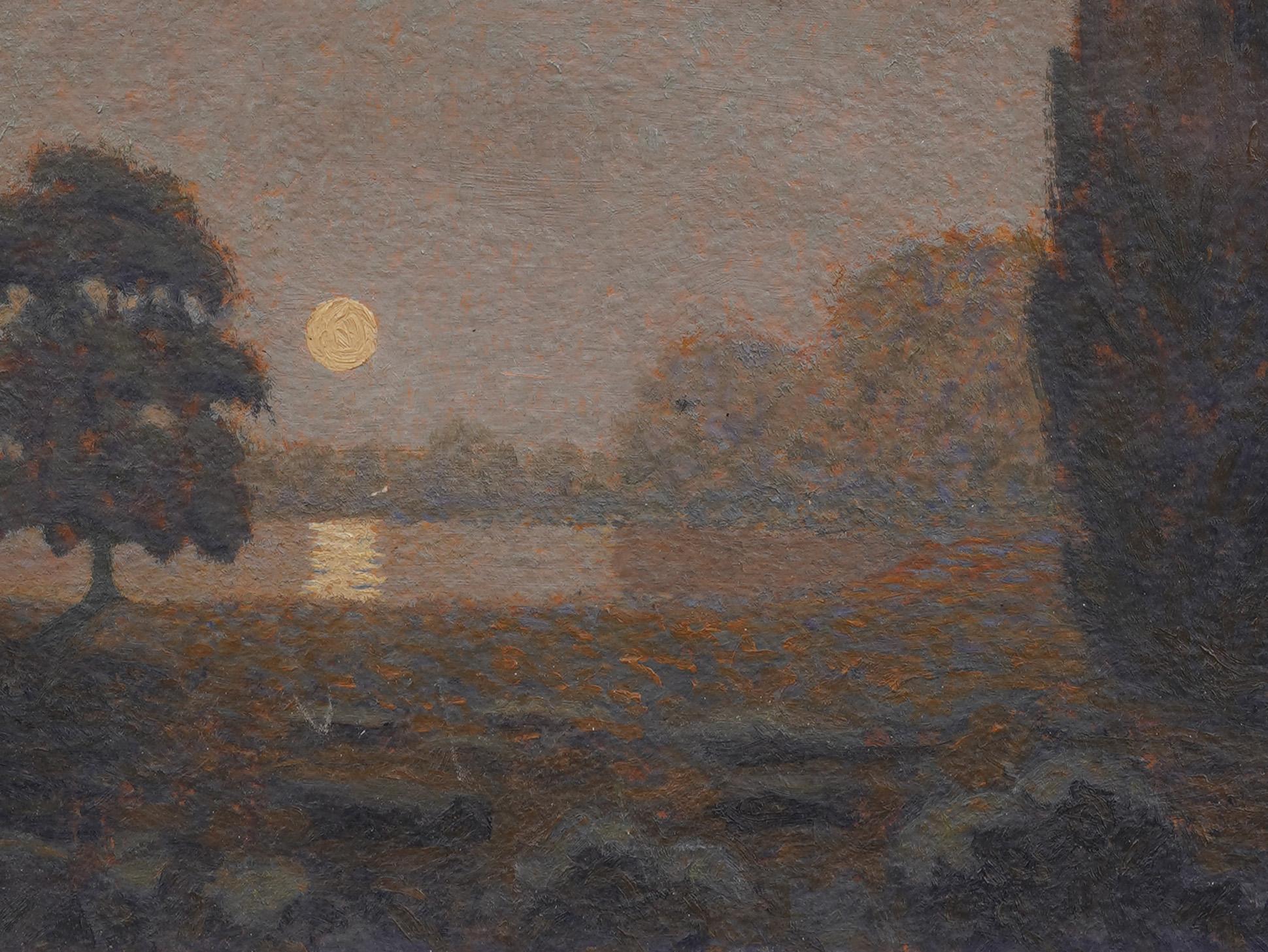 Ancienne peinture de paysage américaine encadrée Nocturnal Lake View, signée 1