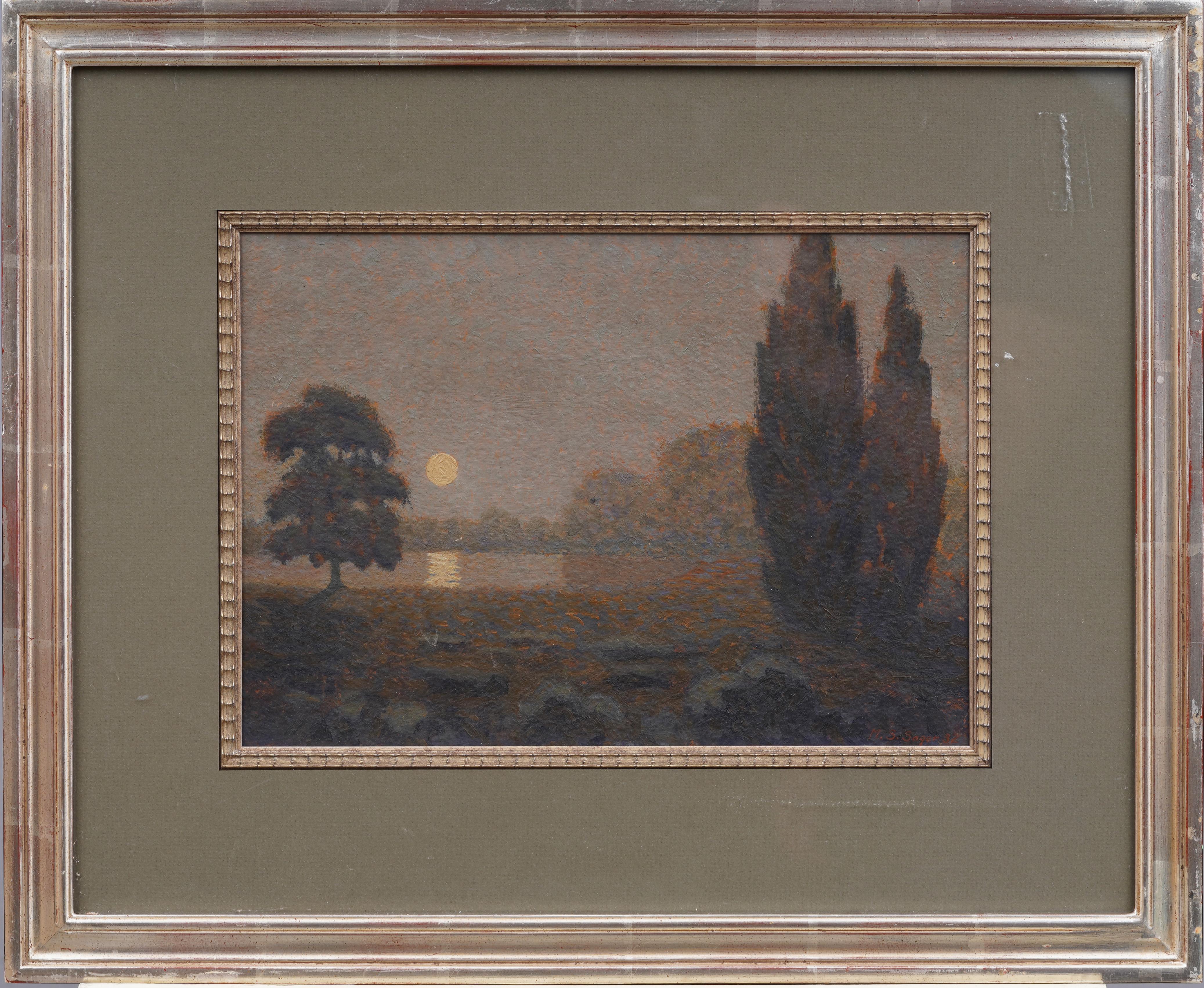 Incredible 1932 American modernist landscape moonlit painting.  Oil on board.  Framed.  Signed.  