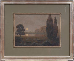 Ancienne peinture de paysage américaine encadrée Nocturnal Lake View, signée