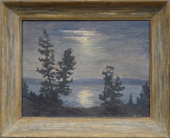 Antique American Moonlit Nocturnal River Landscape Framed Oil Painting