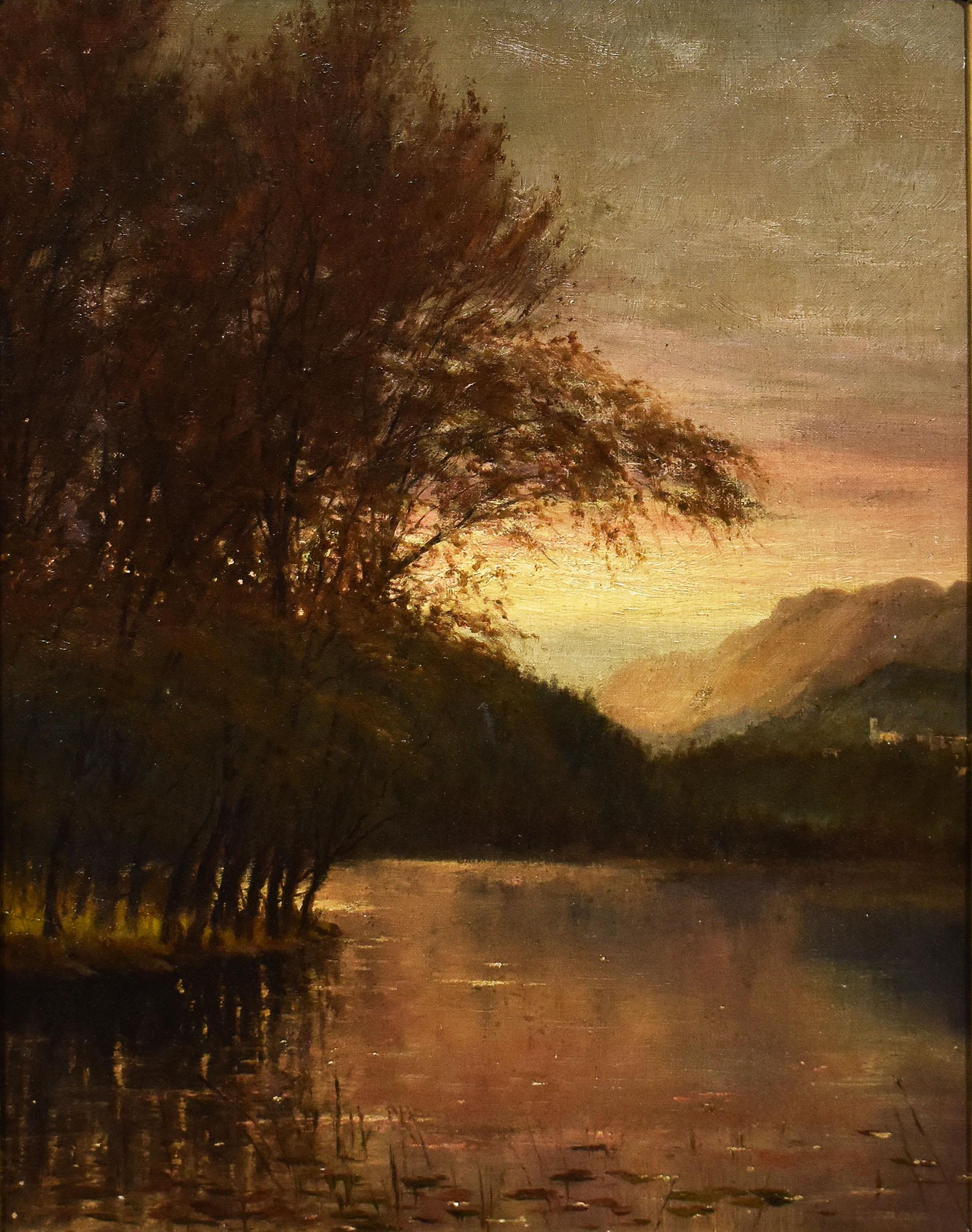 Antique American Museum Quality Luminous Hudson River School Sunset Landscape  - Brown Landscape Painting by Unknown