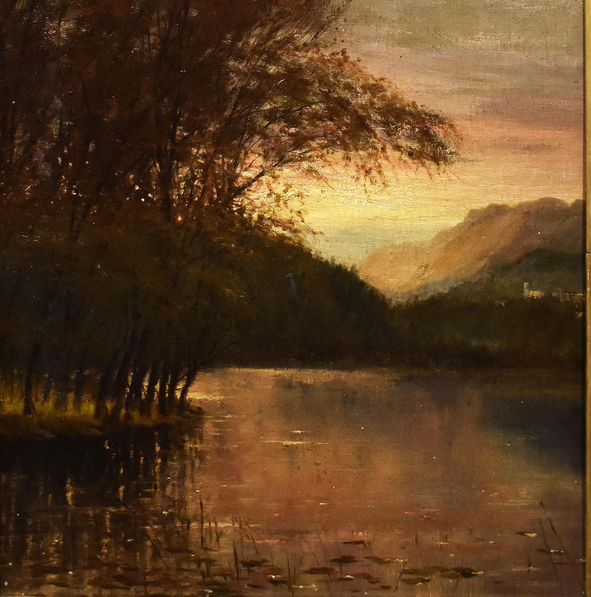 Antique American Museum Quality Luminous Hudson River School Sunset Landscape  1