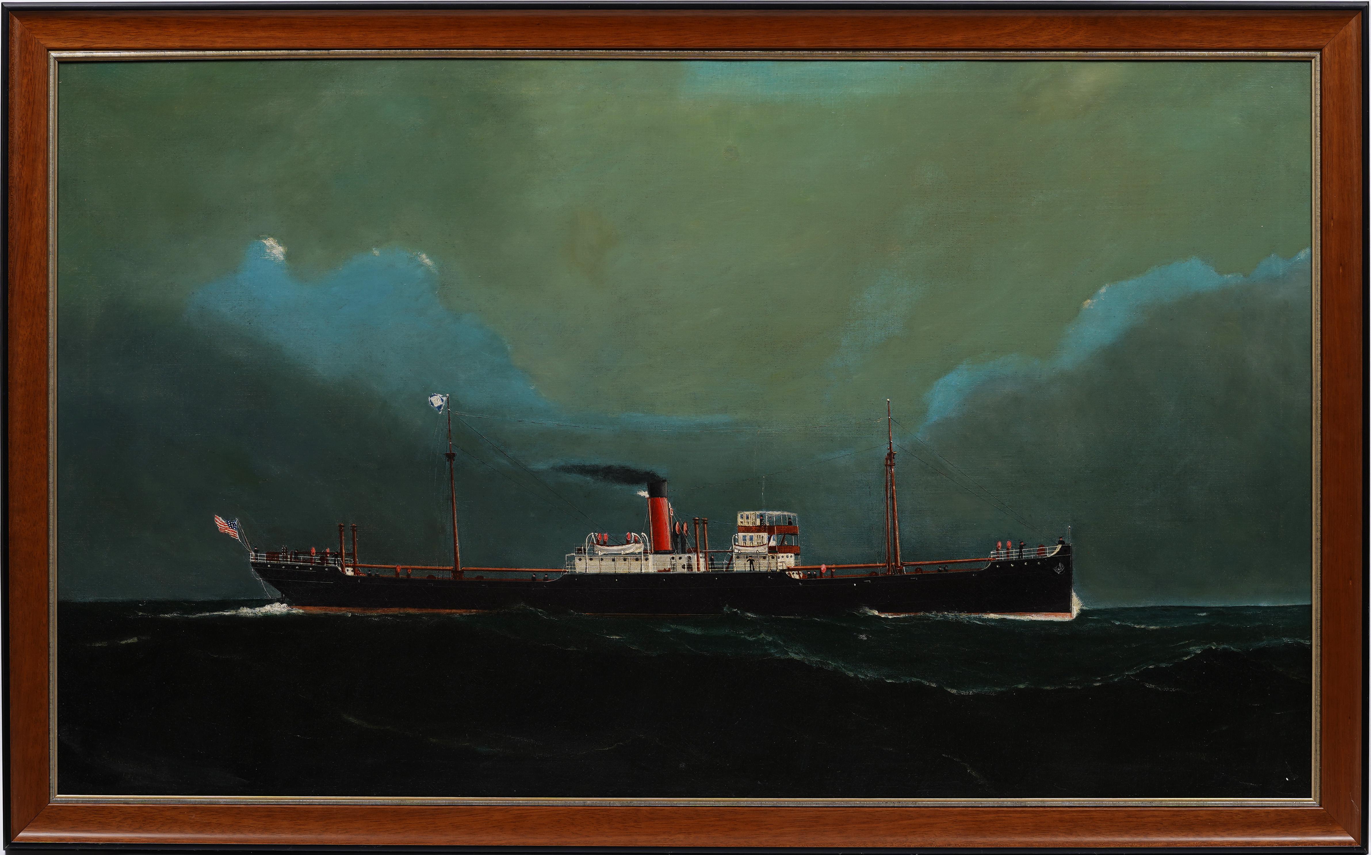 Antike amerikanische nautische Meereslandschaft, großes Dampfschiff, signiertes gerahmtes Ölgemälde – Painting von Unknown