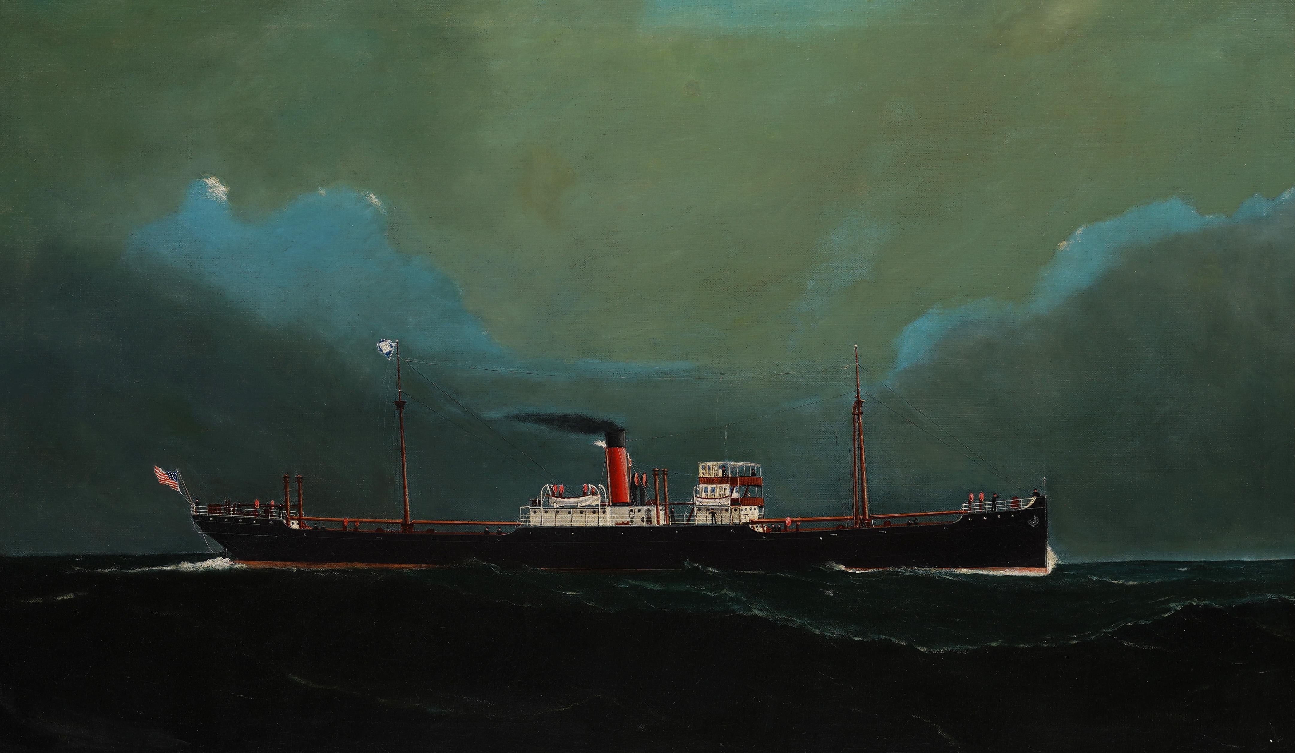 Antike amerikanische nautische Meereslandschaft, großes Dampfschiff, signiertes gerahmtes Ölgemälde (Realismus), Painting, von Unknown