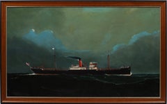 Antike amerikanische nautische Meereslandschaft, großes Dampfschiff, signiertes gerahmtes Ölgemälde