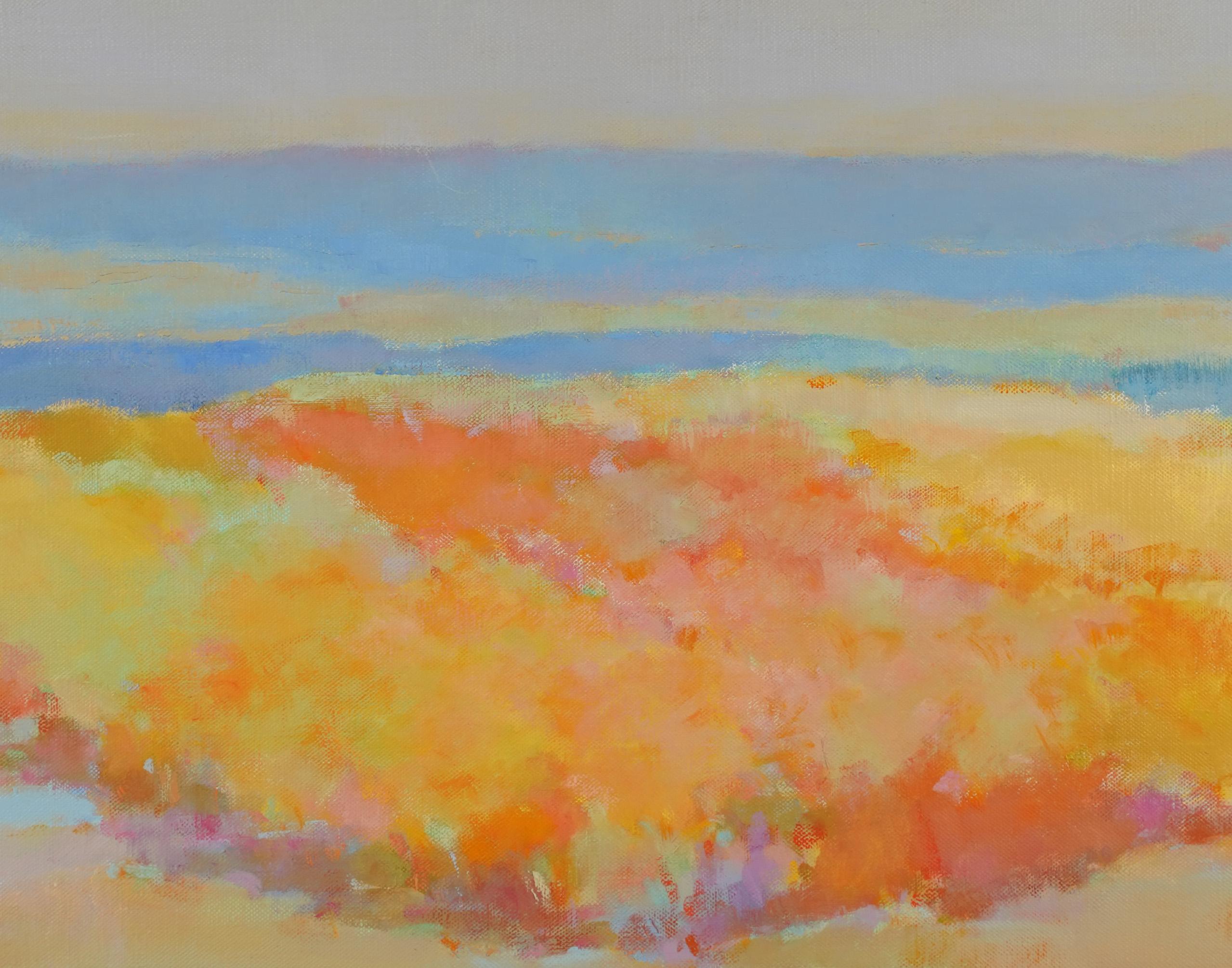 Antigua pintura al óleo firmada de un paisaje marino modernista americano.  Óleo sobre lienzo.  Firmado en el reverso.  Enmarcado.  Tamaño de la imagen, 30L x 15H.