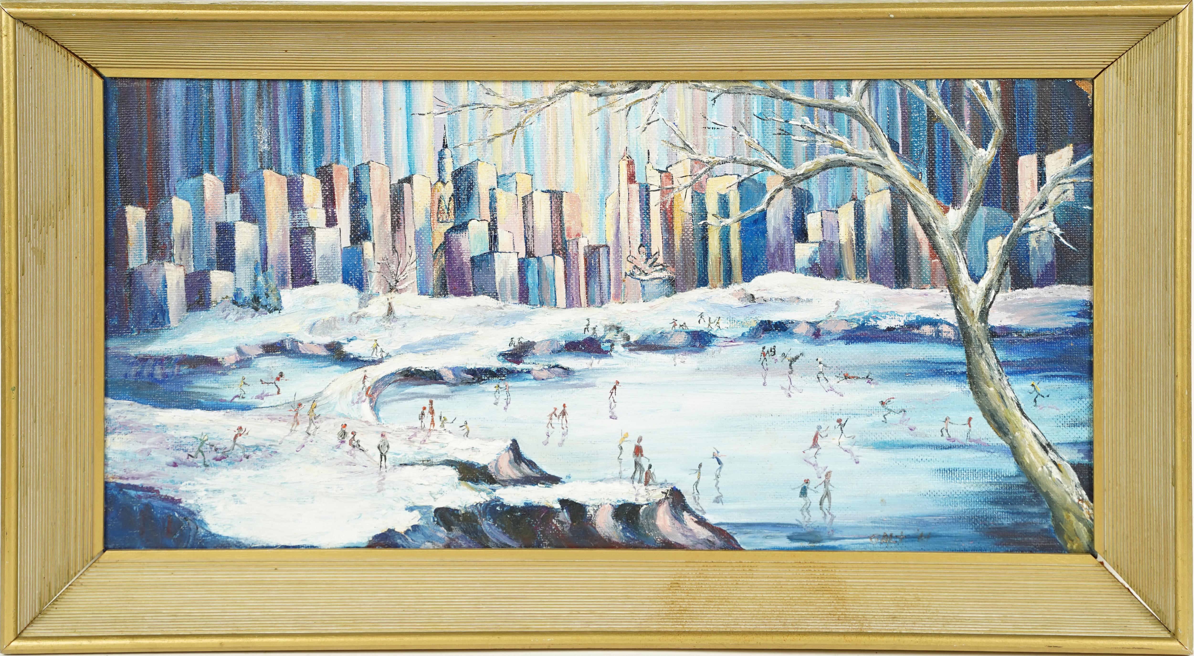 Vintage mid century modern oil painting of skaters in central park.  Oil on board. Framed.  Signed.  Image size, 24L x 12H.