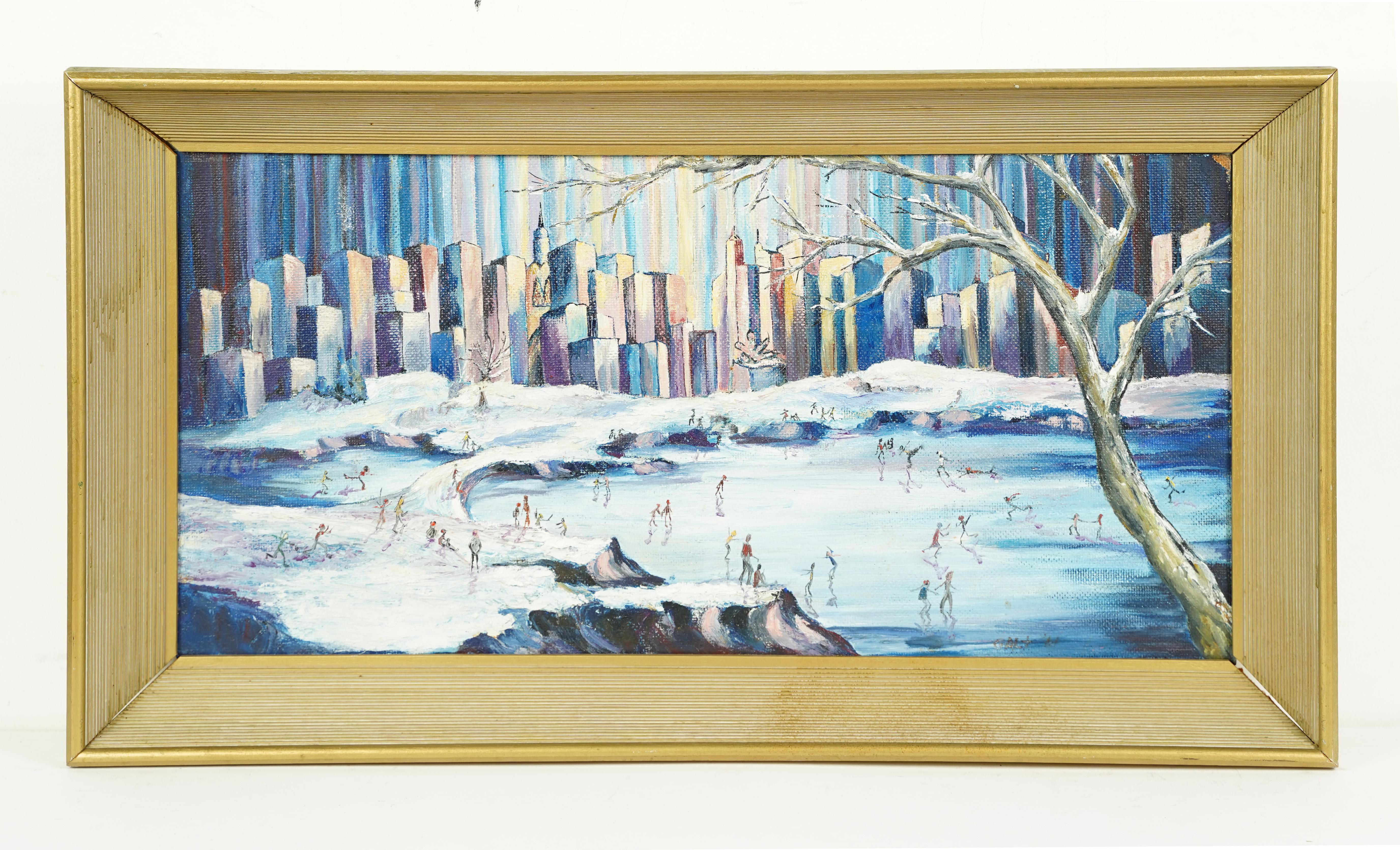  Antique American New York City Large Modernist Skating in Central Park Painting 1