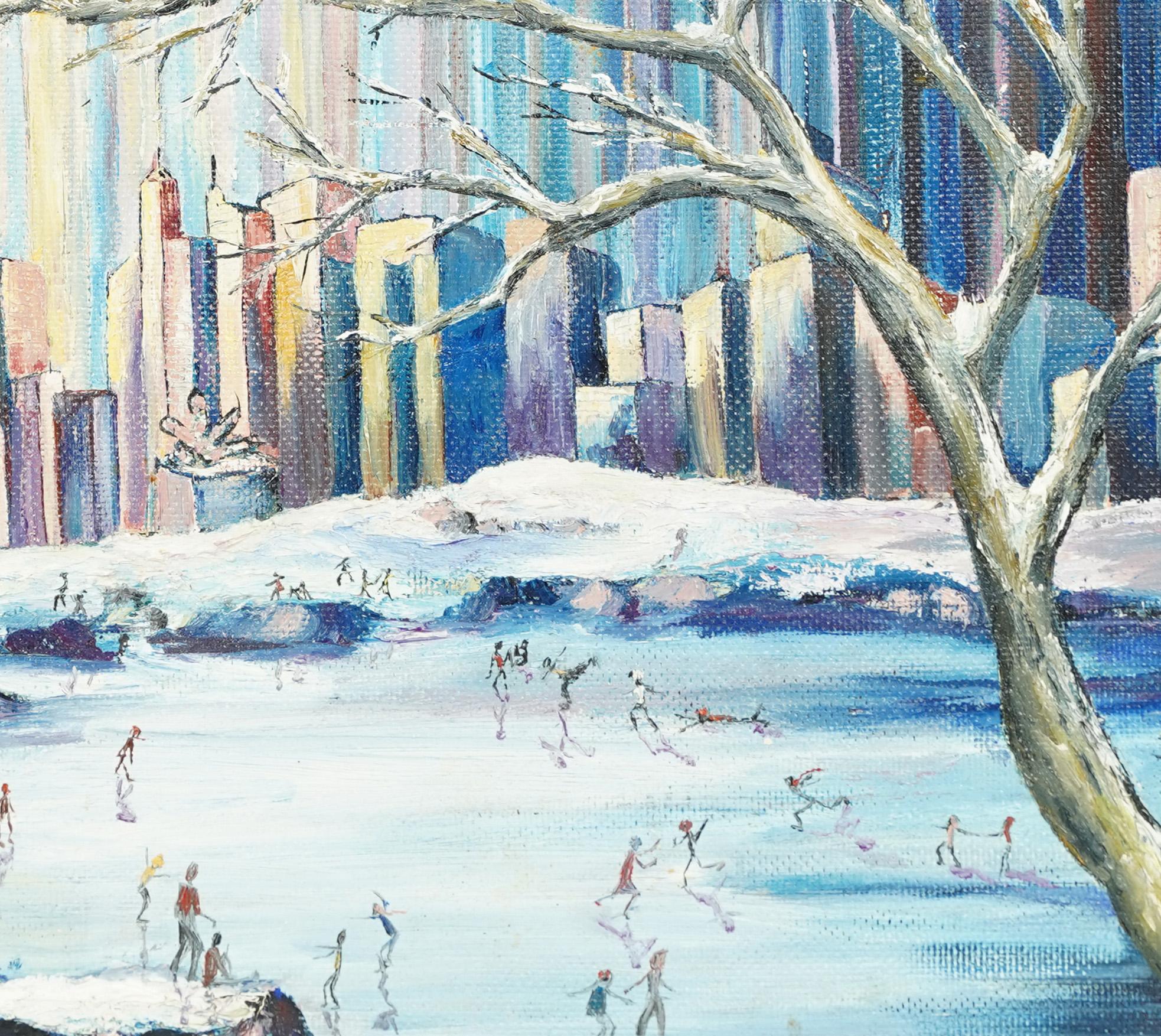  Antique American New York City Large Modernist Skating in Central Park Painting 4