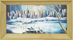  Antique American New York City Large Modernist Skating in Central Park Painting
