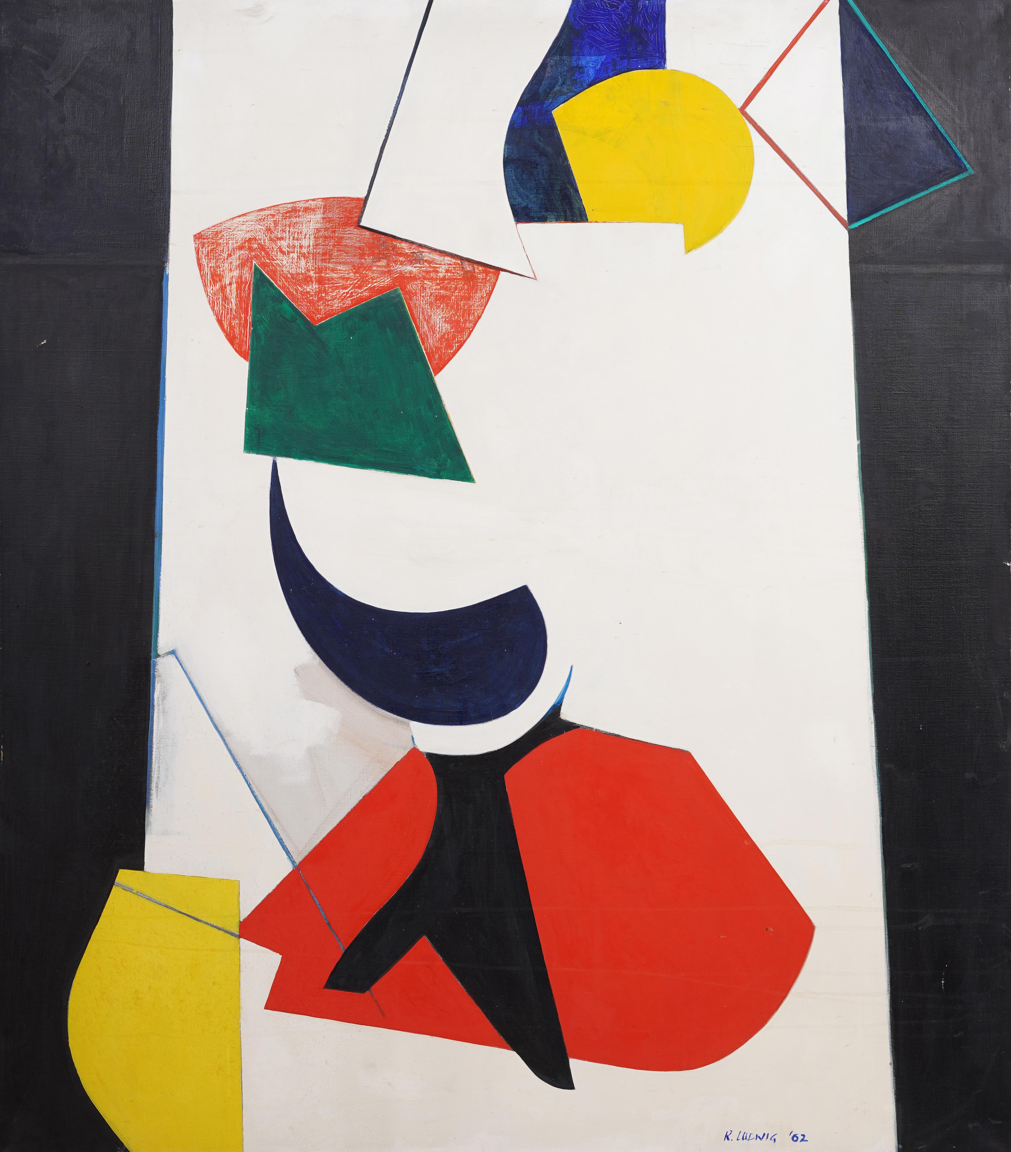 Pittura ad olio antica americana New York Mid Century Geometric Abstract con cornice - Painting Astratto di Unknown