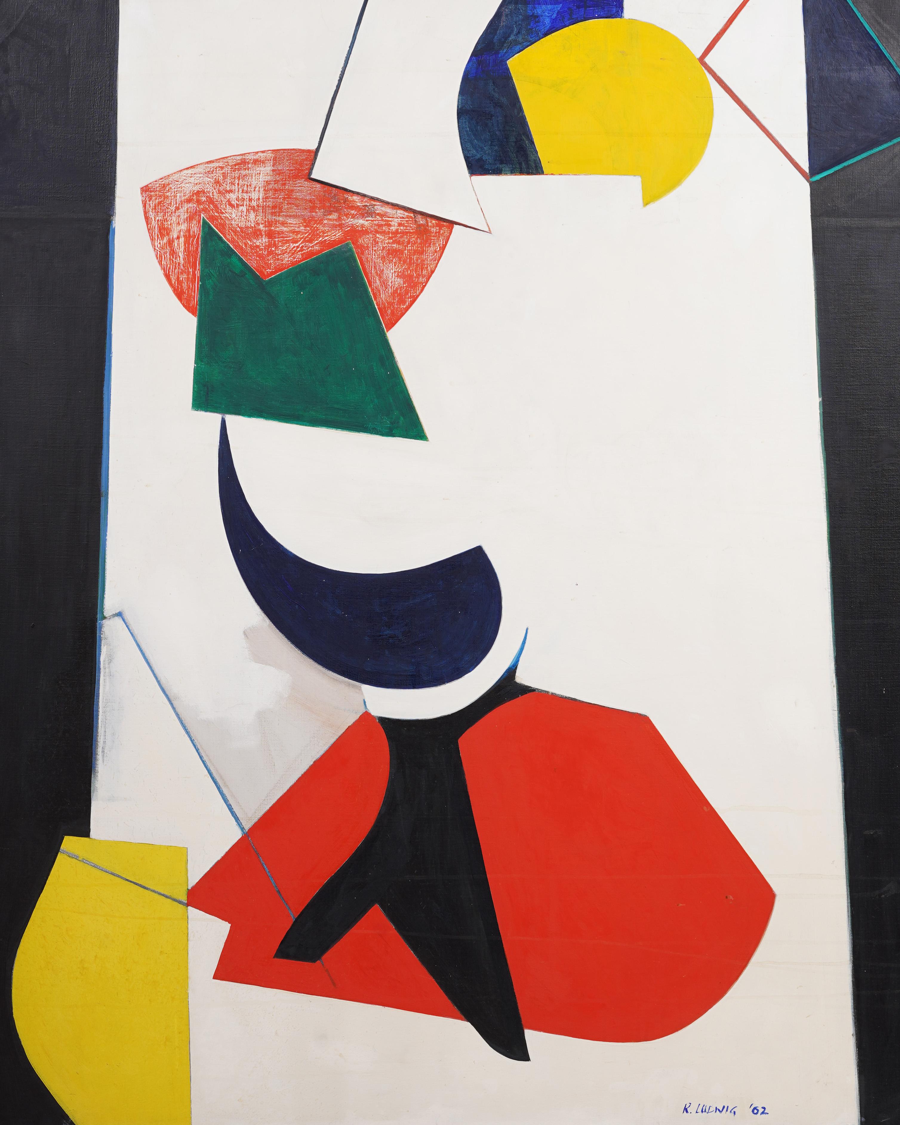 Pittura ad olio antica americana New York Mid Century Geometric Abstract con cornice - Landscape Painting Beige di Unknown