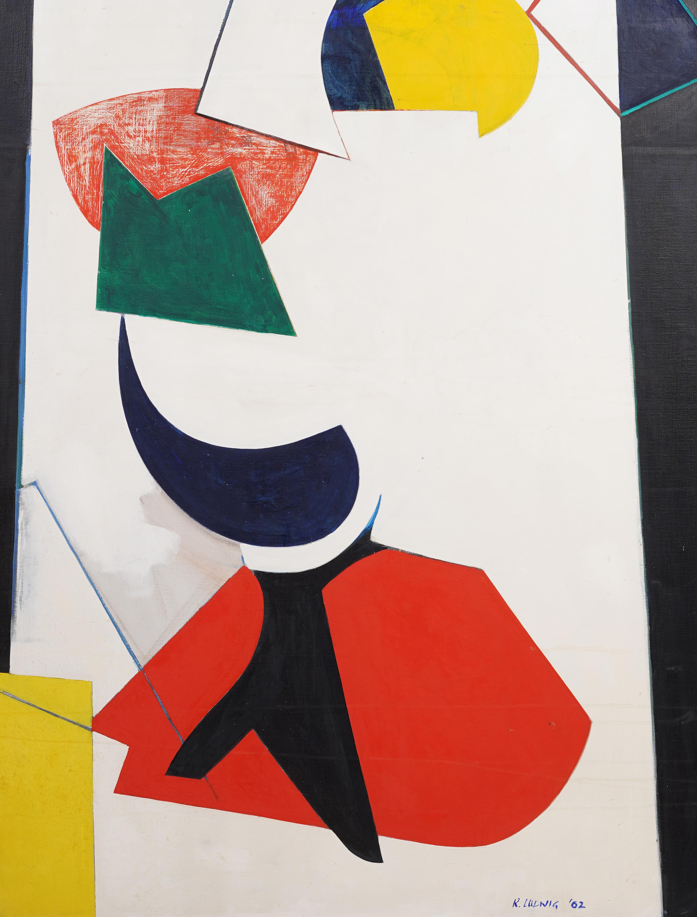 Pittura ad olio antica americana New York Mid Century Geometric Abstract con cornice 1