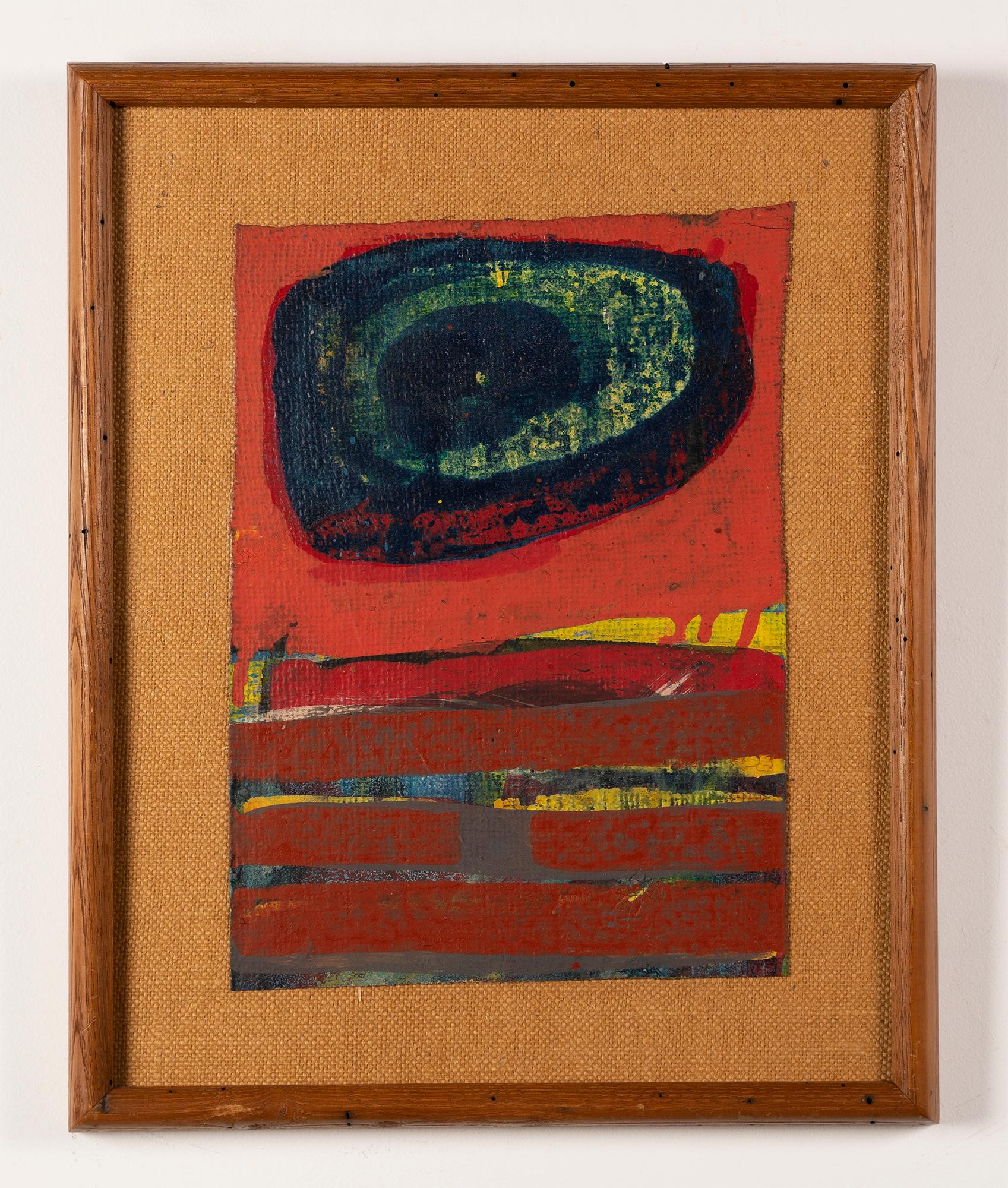 Vintage American modernist abstract oil painting.  Oil on board, circa 1950.  Unsigned.  Image size, 16L x 20H.  Housed in a period modernist frame.