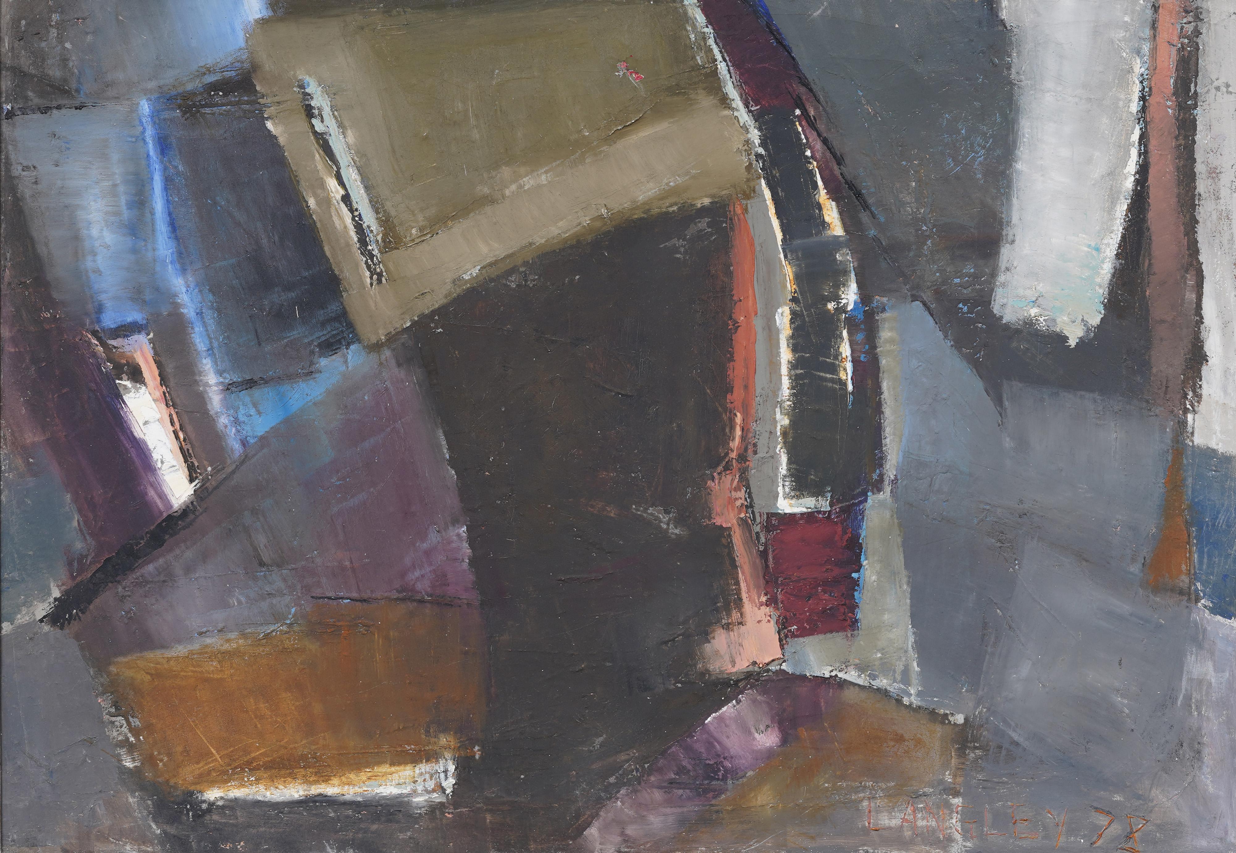 Antique American school abstract expressionist oil painting. Oil on canvas.   Framed.   In excellent original condition. Handsomely framed in a  modernist wood molding.  Excellent condition, ready to hang and enjoy. 
