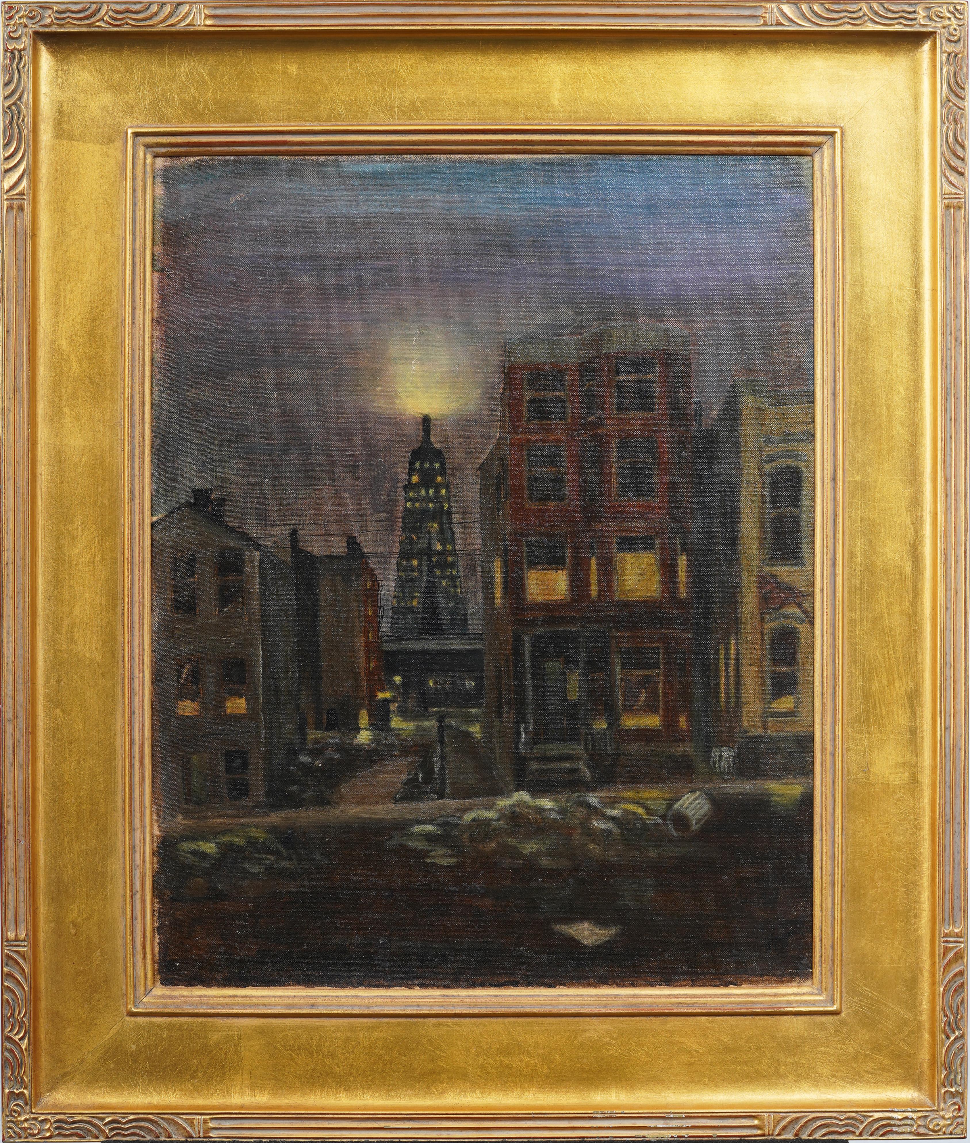 Antico dipinto ad olio modernista americano con cornice, scena notturna di strada - Painting di Unknown