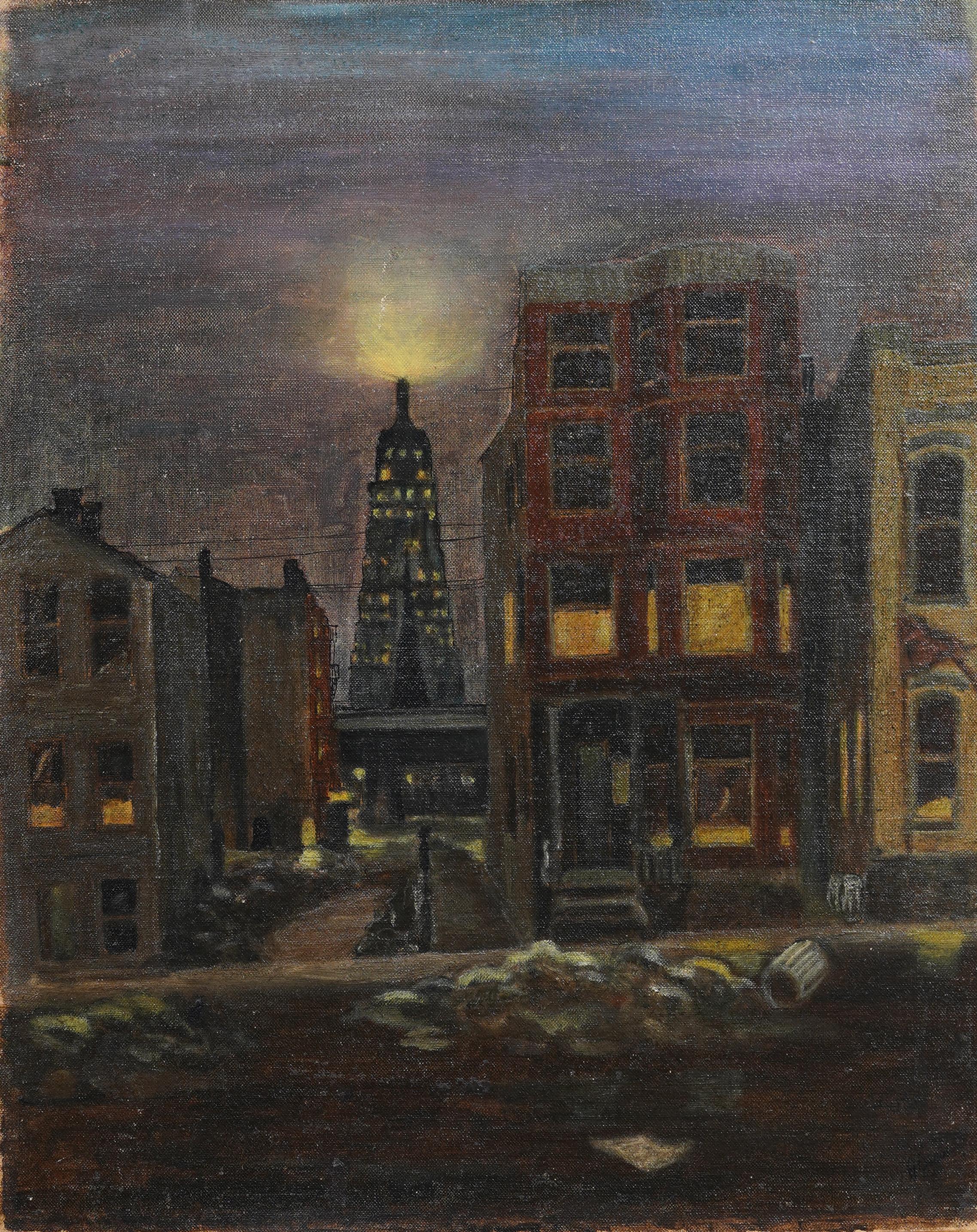 Antico dipinto ad olio modernista americano con cornice, scena notturna di strada - Painting Moderno di Unknown