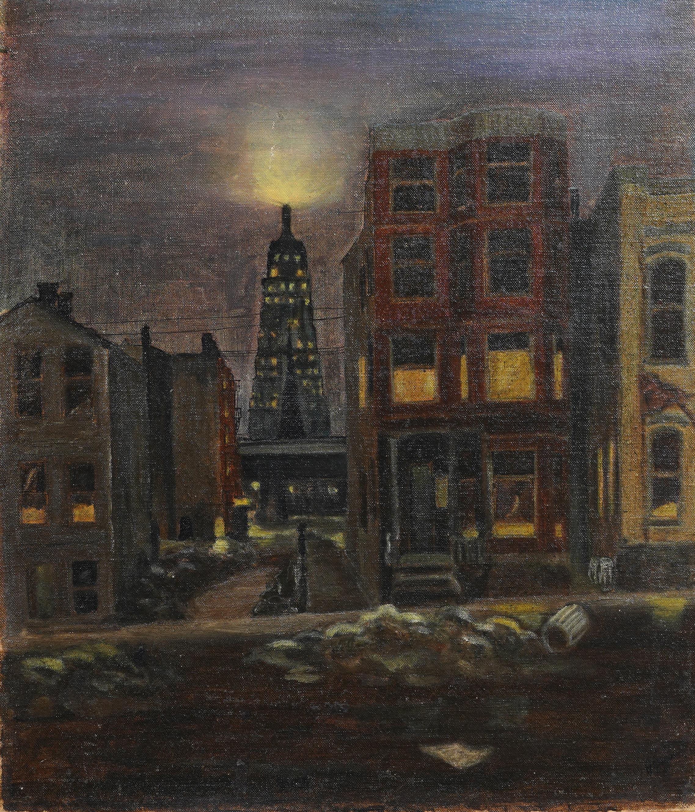 Antico dipinto ad olio modernista americano con cornice, scena notturna di strada - Abstract Painting Marrone di Unknown