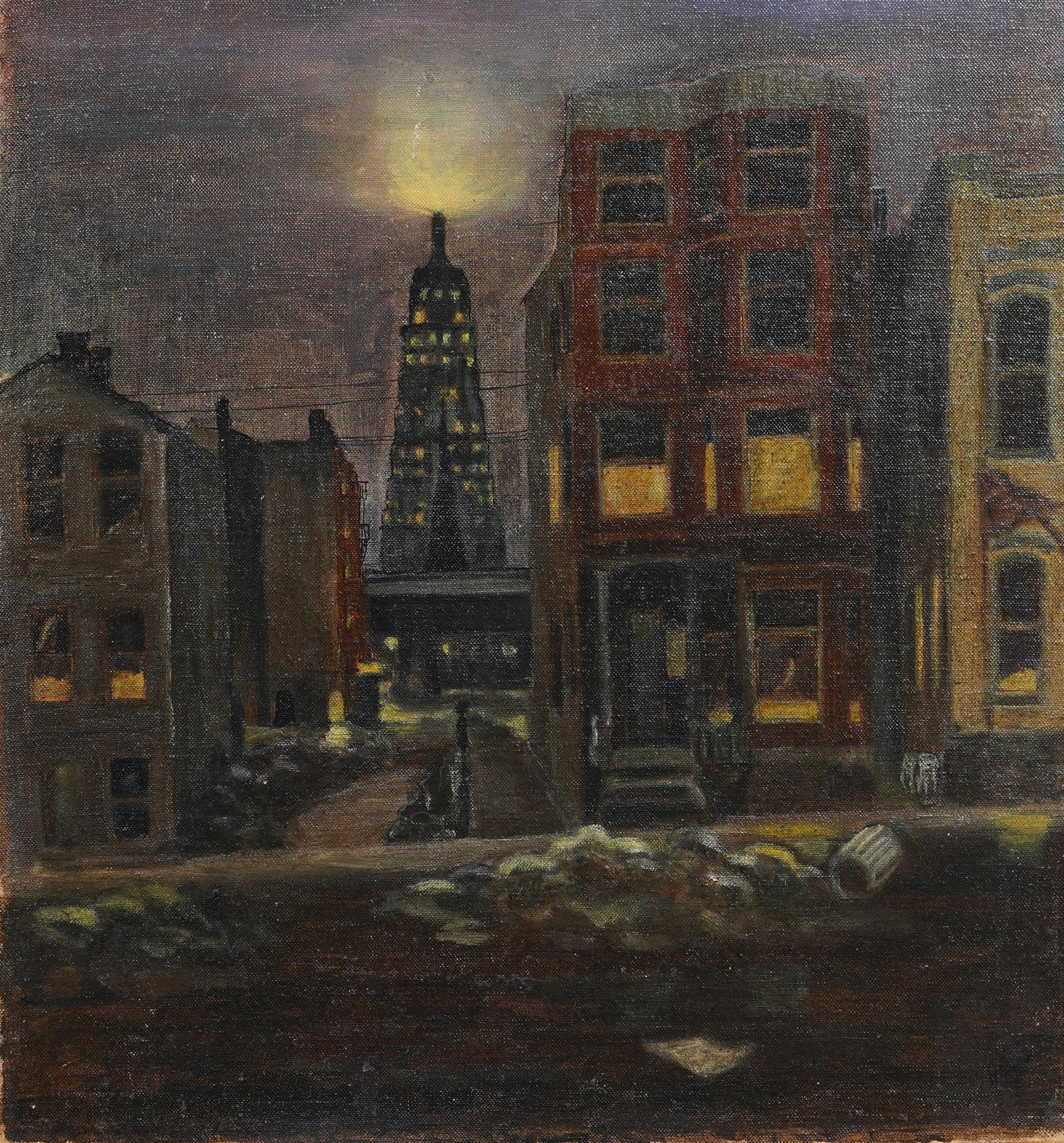 Quadro di strada modernista americano finemente dipinto.  Olio su tavola di tela.  In eccellenti condizioni originali.  Splendidamente incorniciato da una modanatura in legno dorato.  In condizioni eccellenti, pronto per essere appeso e goduto. 