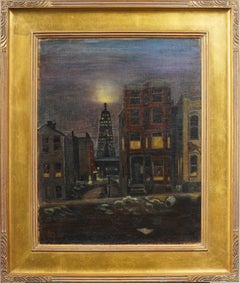 Antique American Nocturnal Street Scene Nicely Framed Modernist Oil Painting