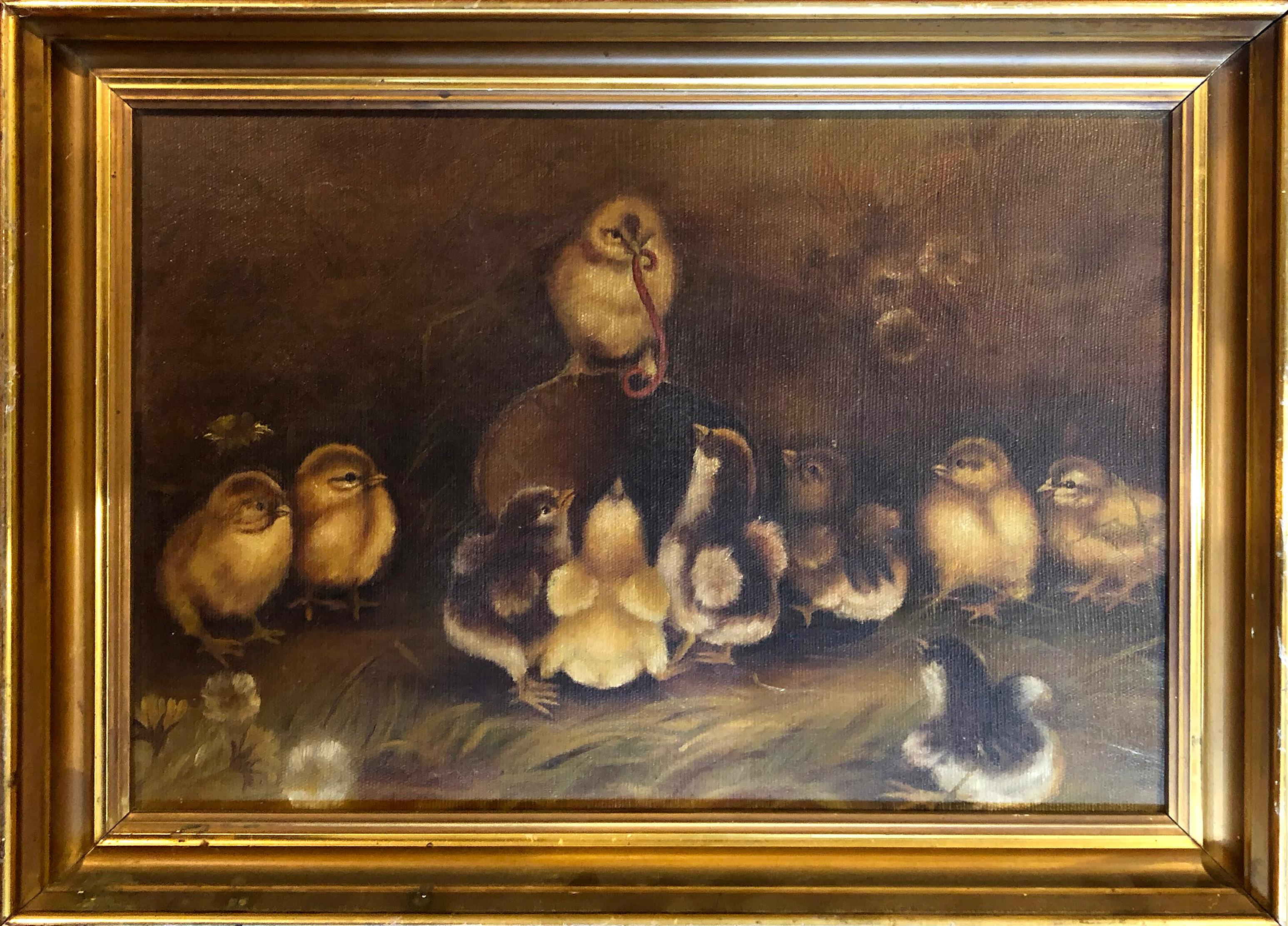 Antique American Oil Painting Chicks in a Barn Worm Charming Original Frame Rare - Brown Animal Painting by Unknown