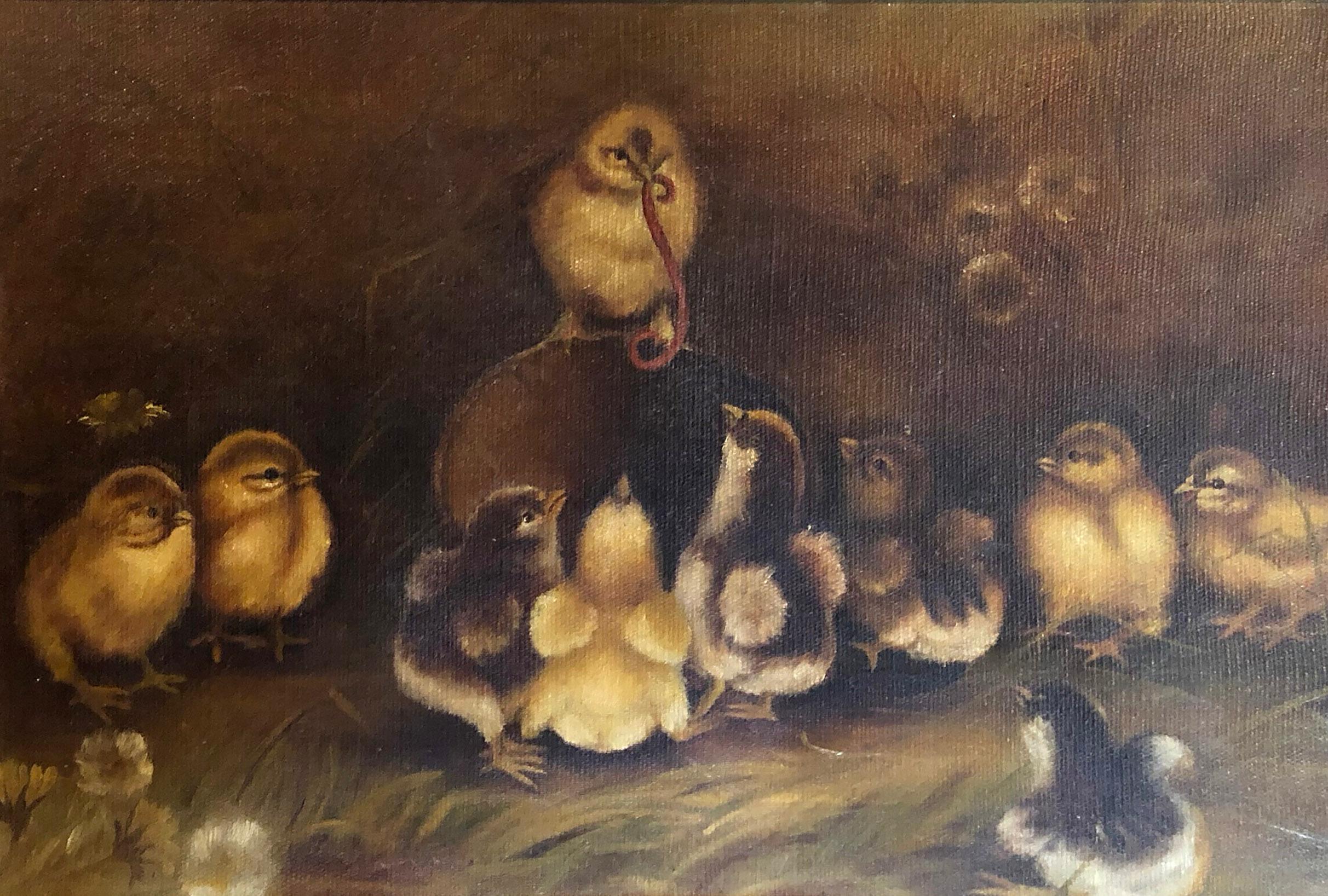 An antique American oil painting depicting a group of adorable chicks inside a barn.  One of the baby chickens has a worm in her mouth which is clearly engaging and enticing all the other little birds.