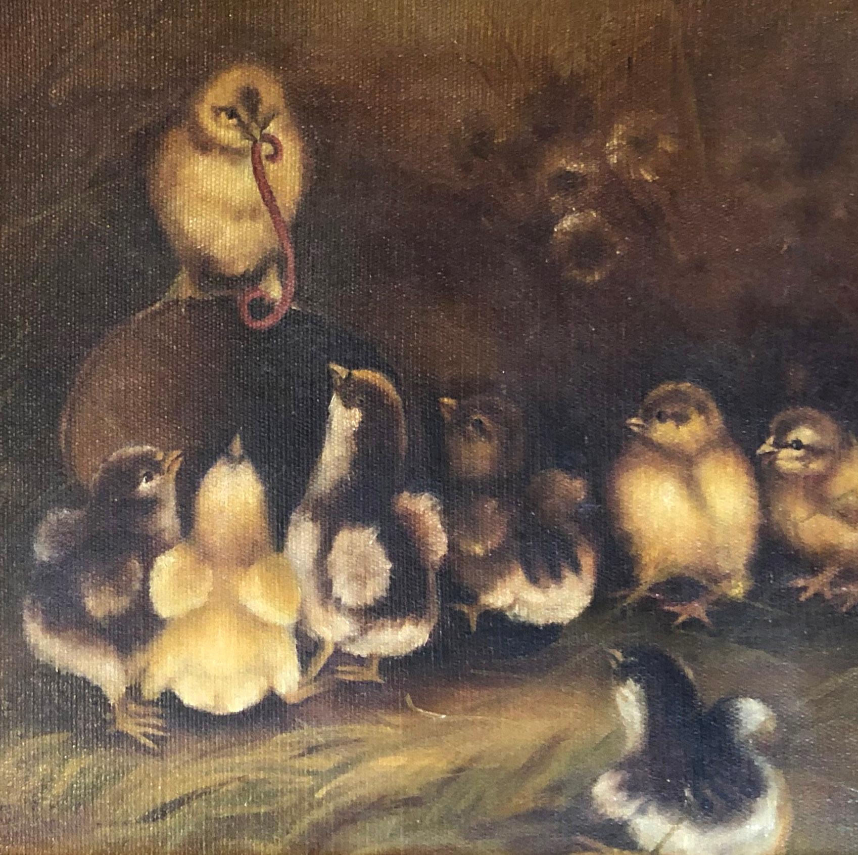 Antique American Oil Painting Chicks in a Barn Worm Charming Original Frame Rare 2