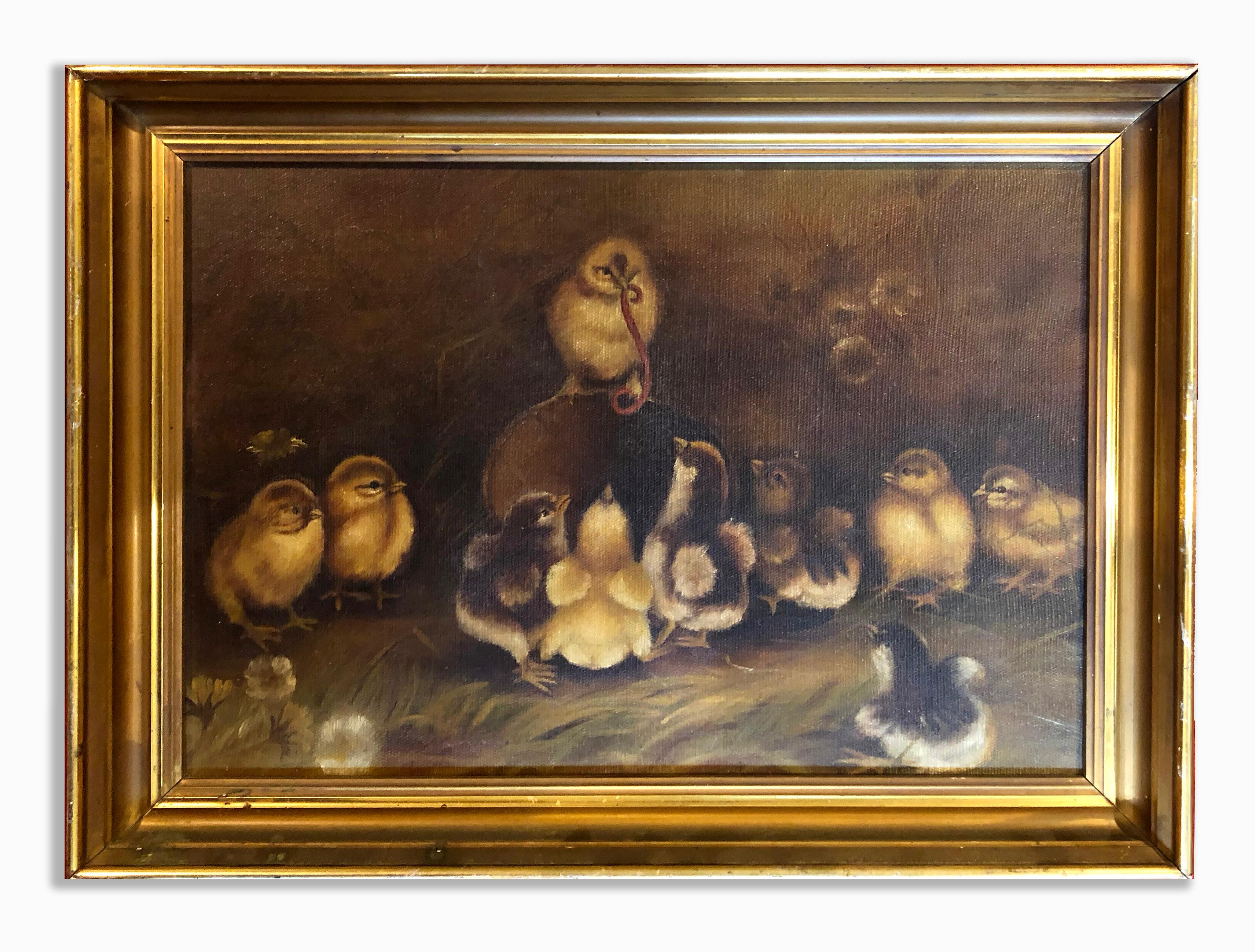 Unknown Animal Painting - Antique American Oil Painting Chicks in a Barn Worm Charming Original Frame Rare