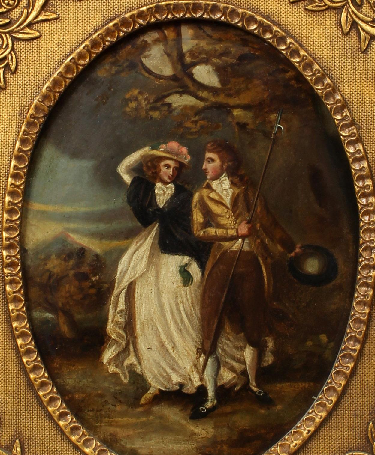 Antique American Oil Painting Framed Couple Landscape Period 19th Century - Brown Figurative Painting by Unknown