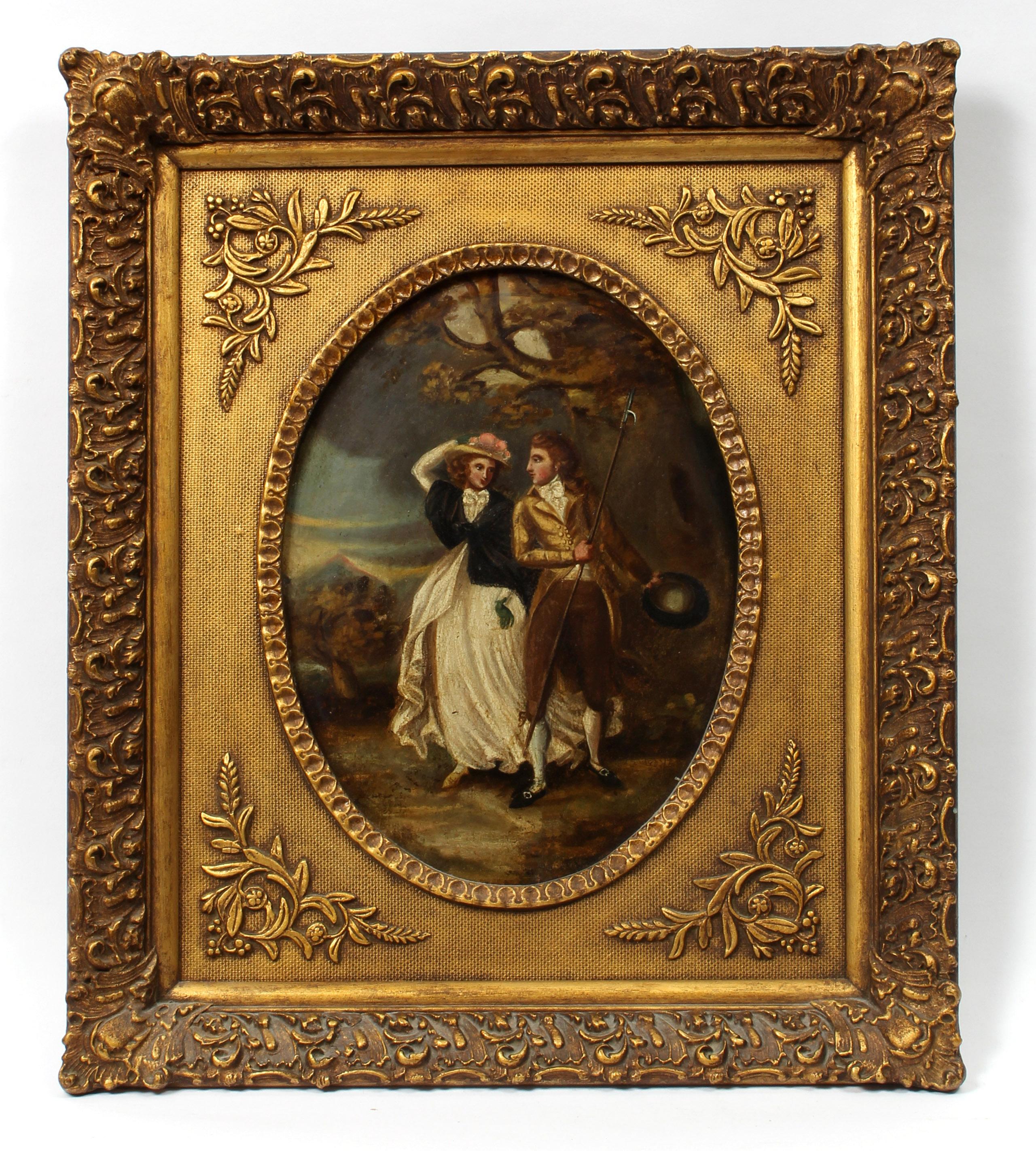Unknown Figurative Painting - Antique American Oil Painting Framed Couple Landscape Period 19th Century