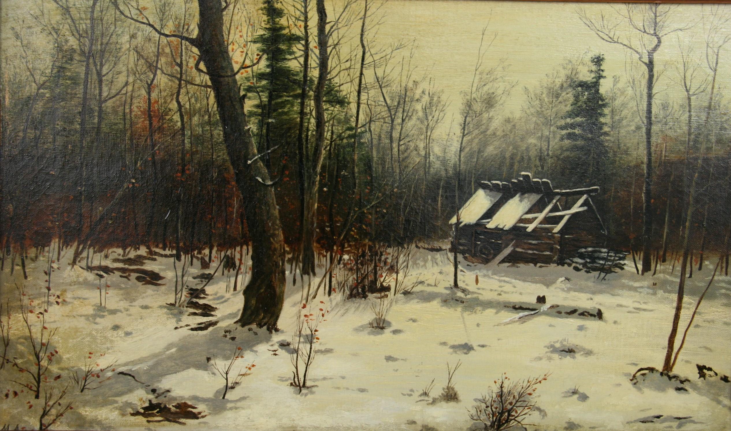 5-3744A.  Oil on canvas of a tranquil landscape with an abandoned cabin
Framed in a wood frame 
Image size 19.5x11.5